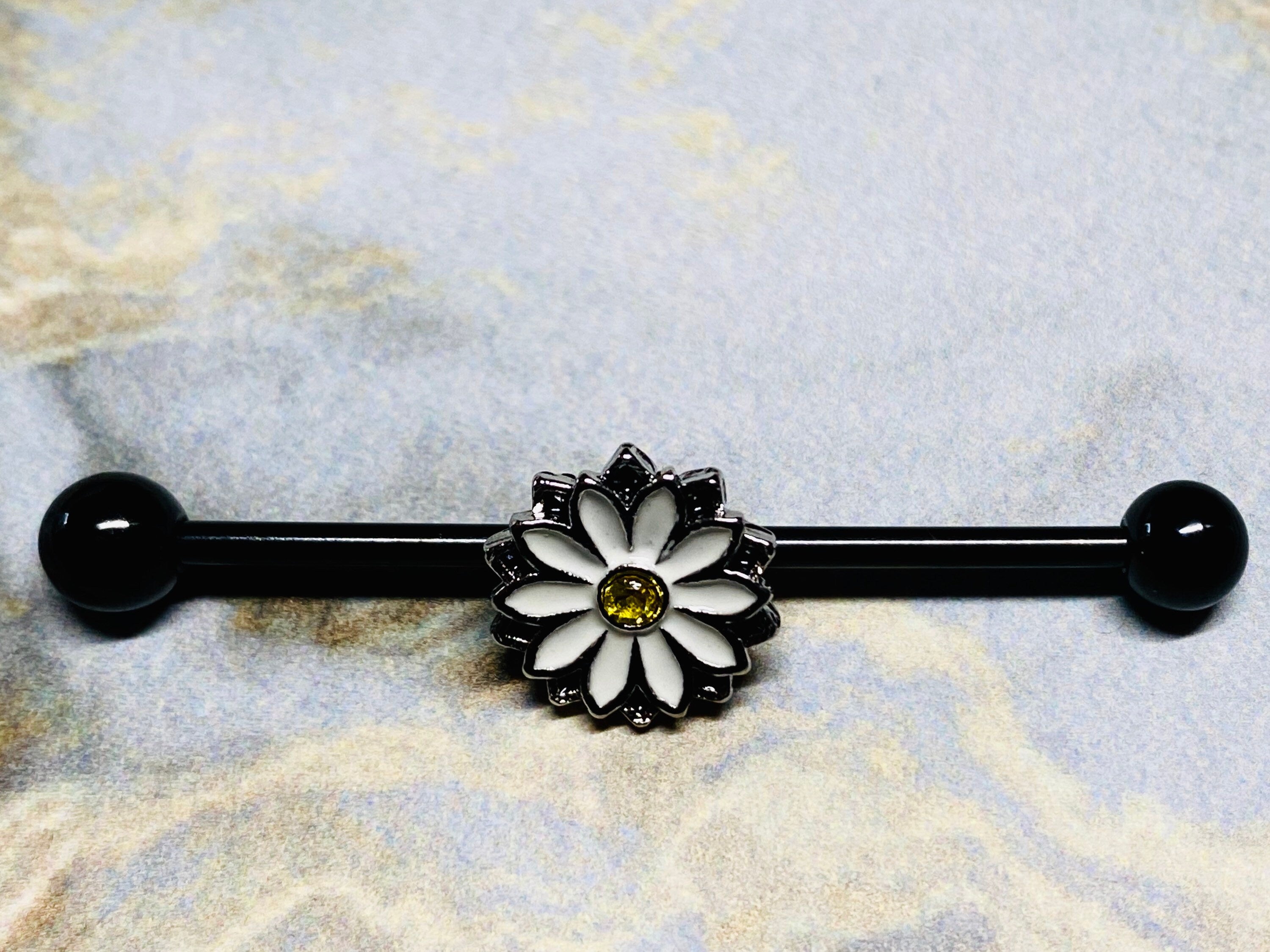 14G Black Daisy Flower Industrial Barbell. Industrial Piercing. Industrial Piercing Jewelry