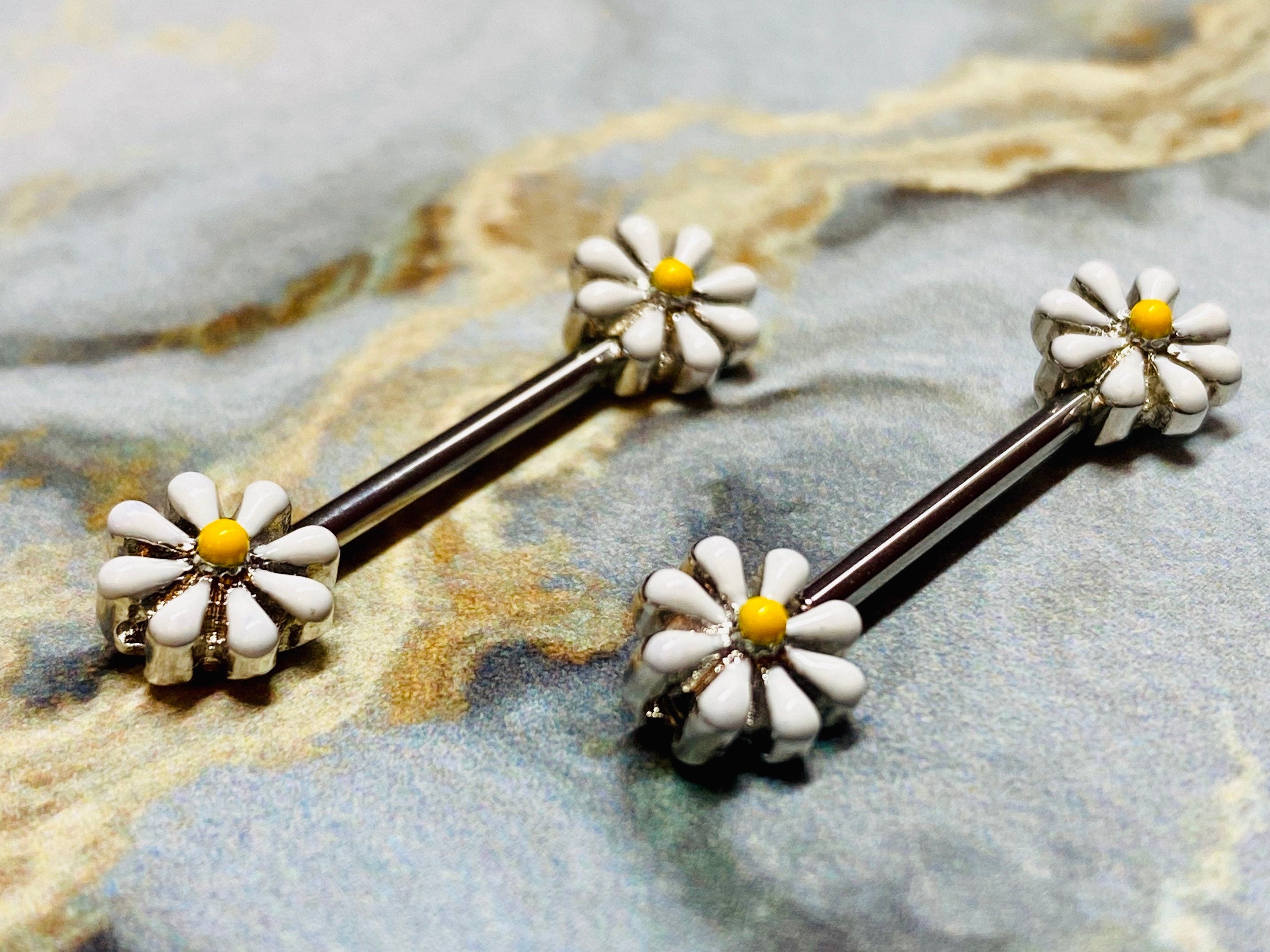 Pair of 14G Spring Flower Nipple Barbell. Nipple Piercing. Nipple Jewelry. Nipple Rings. Nipple Barbells.