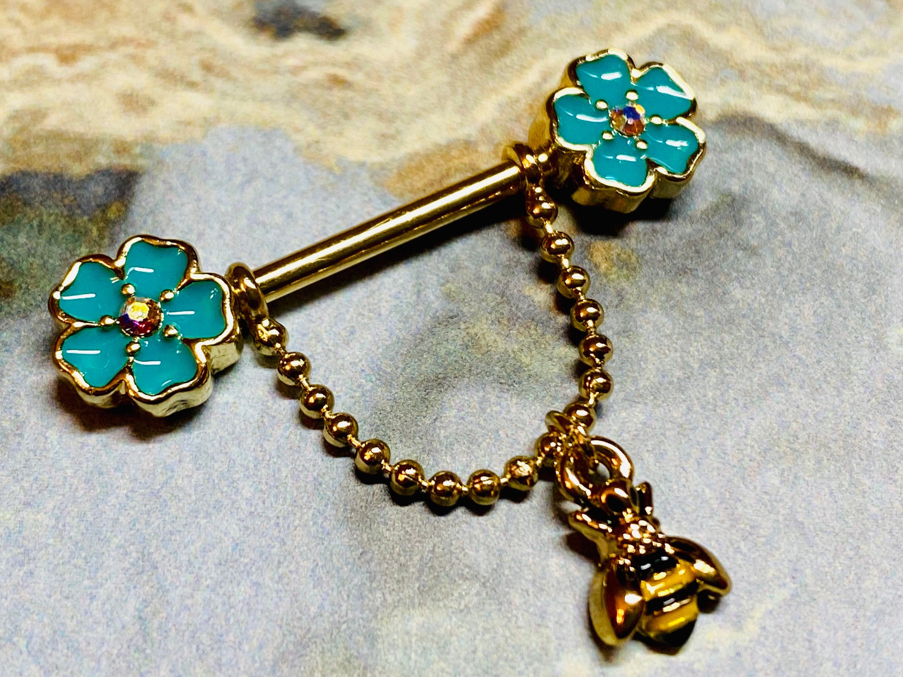 A set of Dangling Bee with Bloom Flowers Nipple Barbell