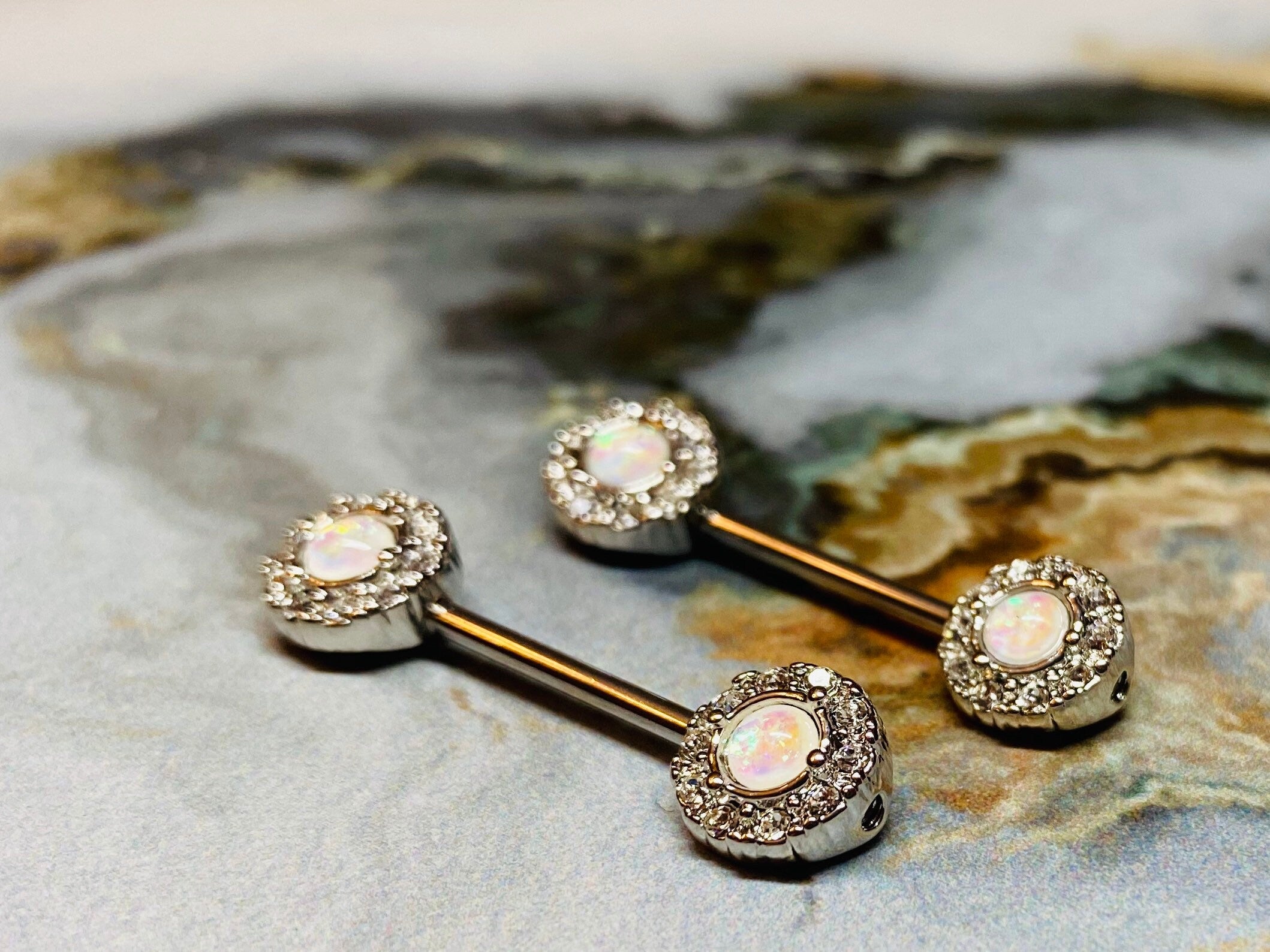 A set of Elegant Opal Center Nipple Barbell Ring. Nipple Jewlery. Nipple Piercing.