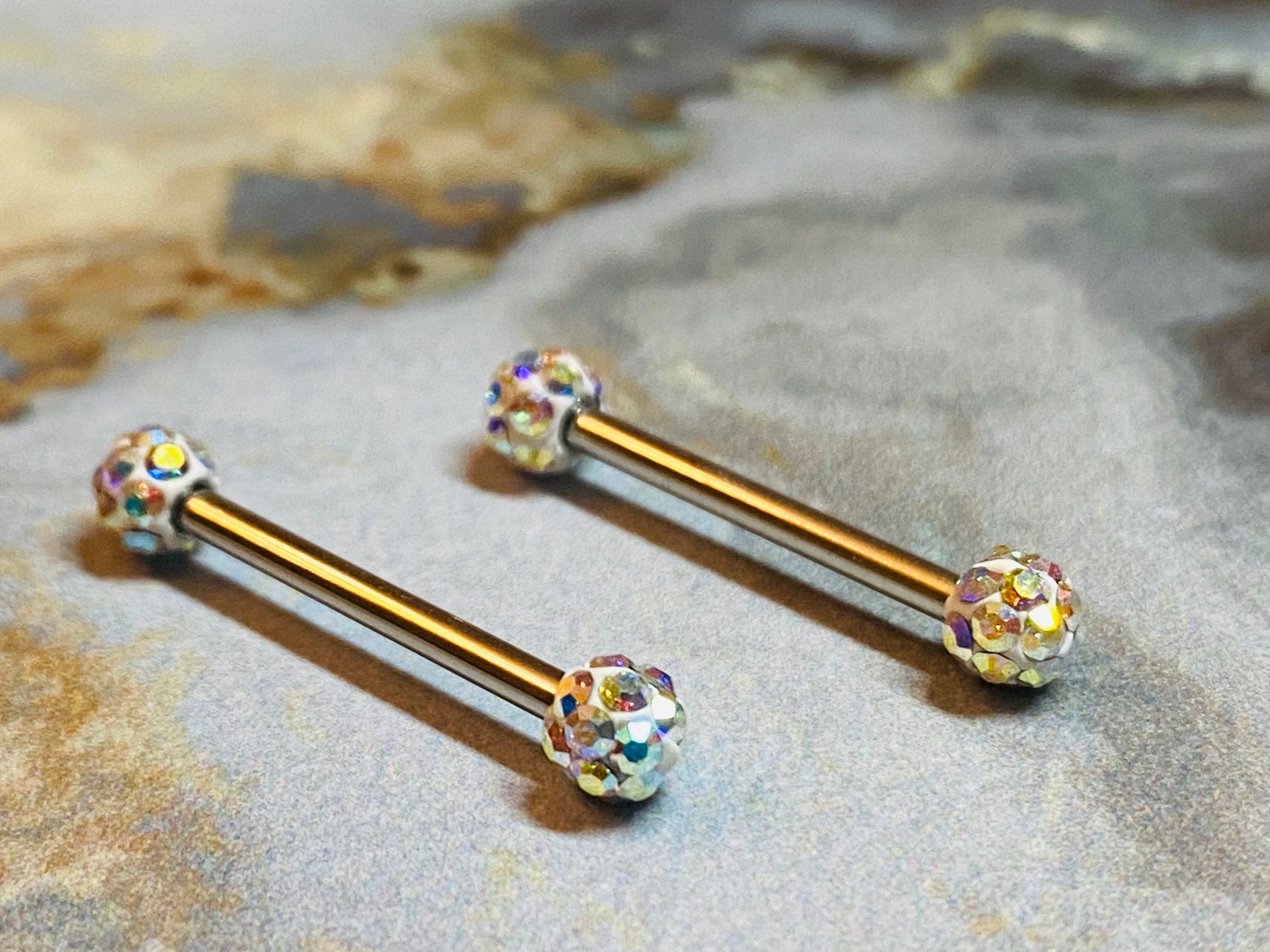 A set of Multi Sparkling Gems Nipple Barbell Ring. Nipple Piercings. Nipple Jewelry