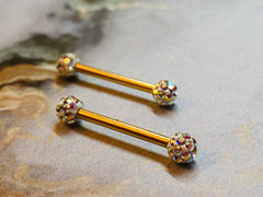 A set of Gold Multi Gem Sprinkles Nipple Barbell Ring. Nipple Piercings. Nipple Jewelry