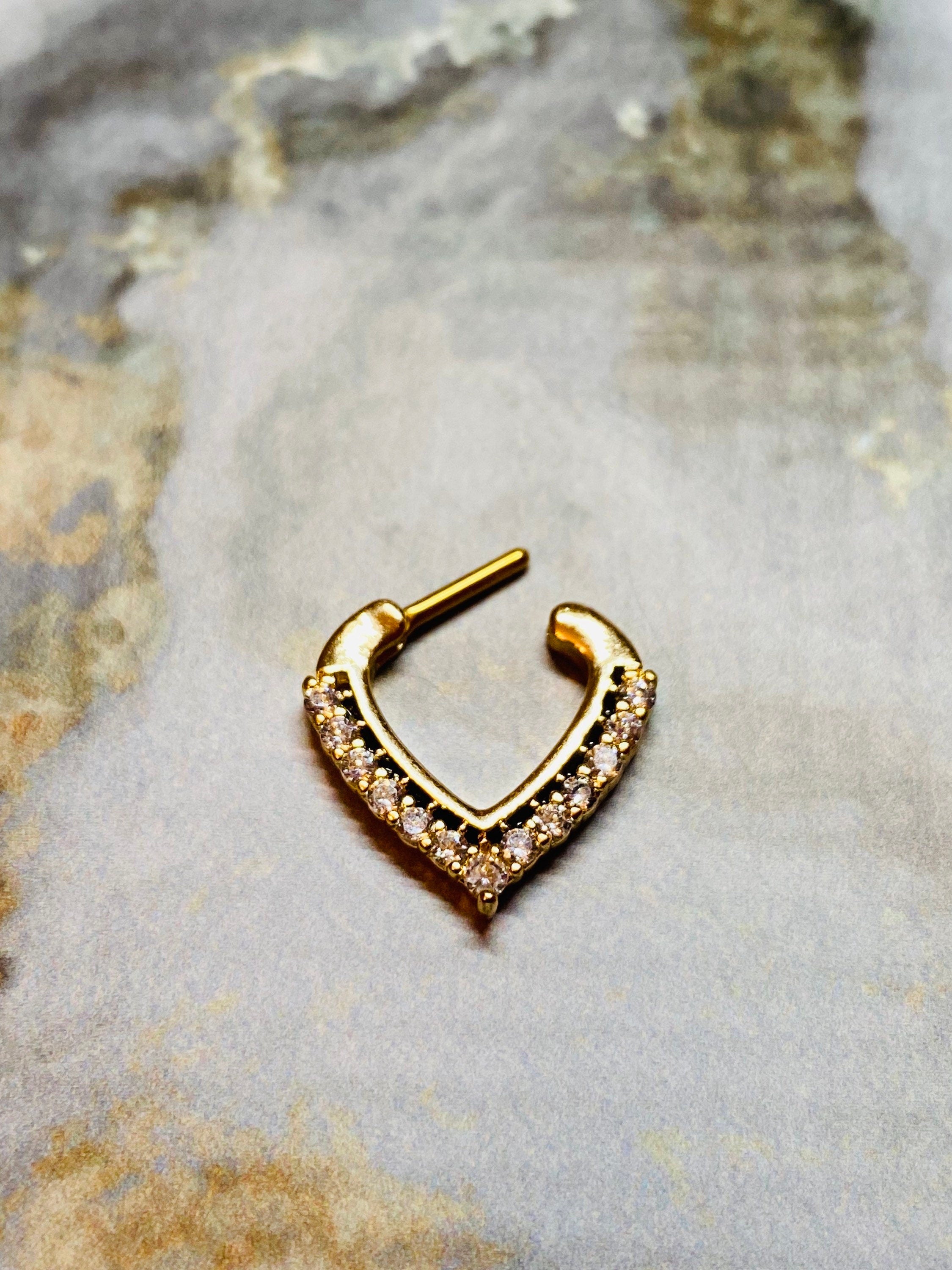 16G Gold Clear Stone Paved Chevron Shaped Septum Clicker. 16G Septum Ring. Septum Jewelry. Septum Piercing. Septum Ring