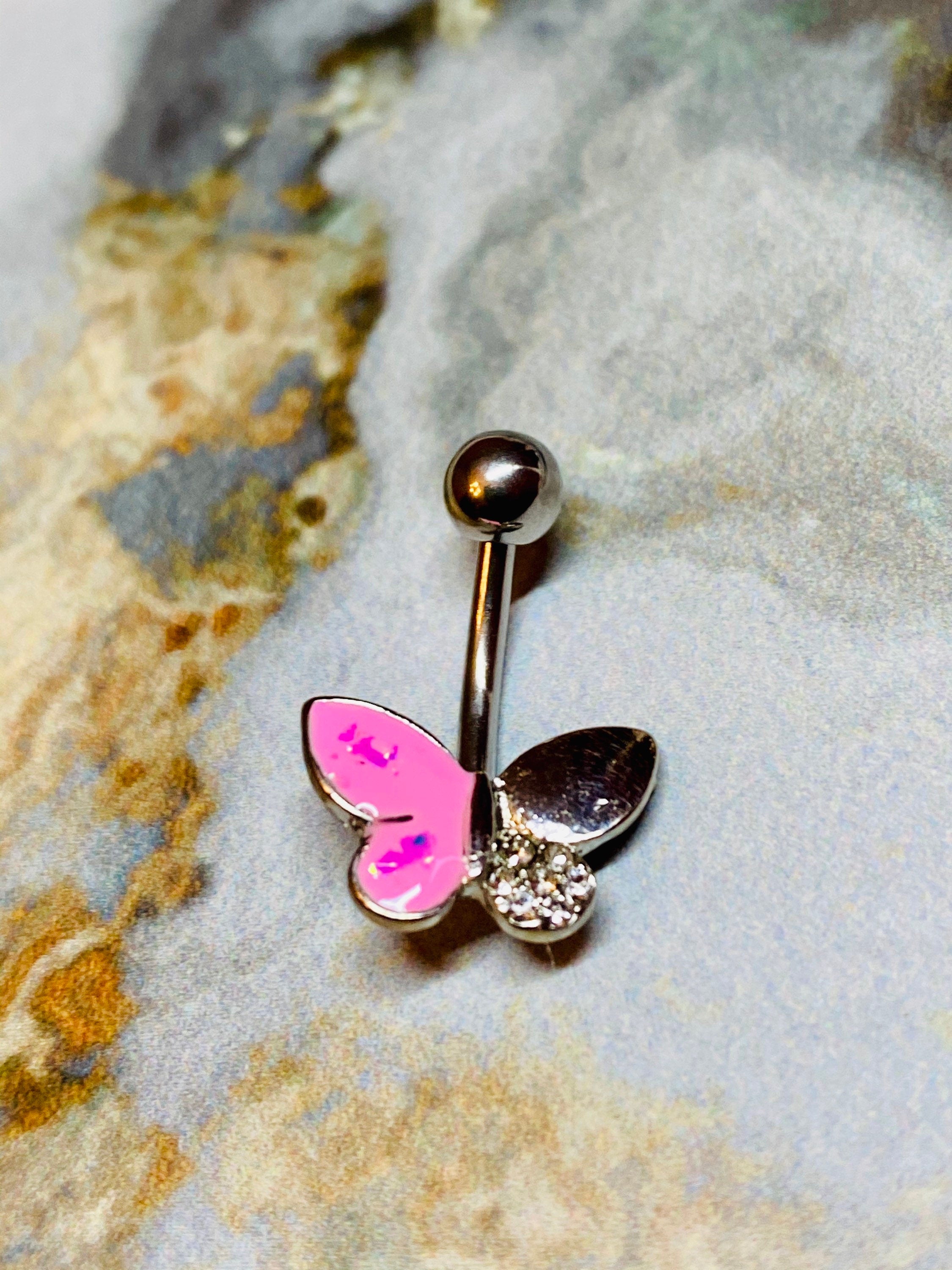 14G Butterfly White Pink Blue Opal Belly Button Ring. Belly Ring. Belly Piercings. Navel Ring