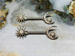 A set of Sun and Crescent Moon Nipple Barbell. Nipple Piercings. Nipple Rings. Nipple Jewelry.