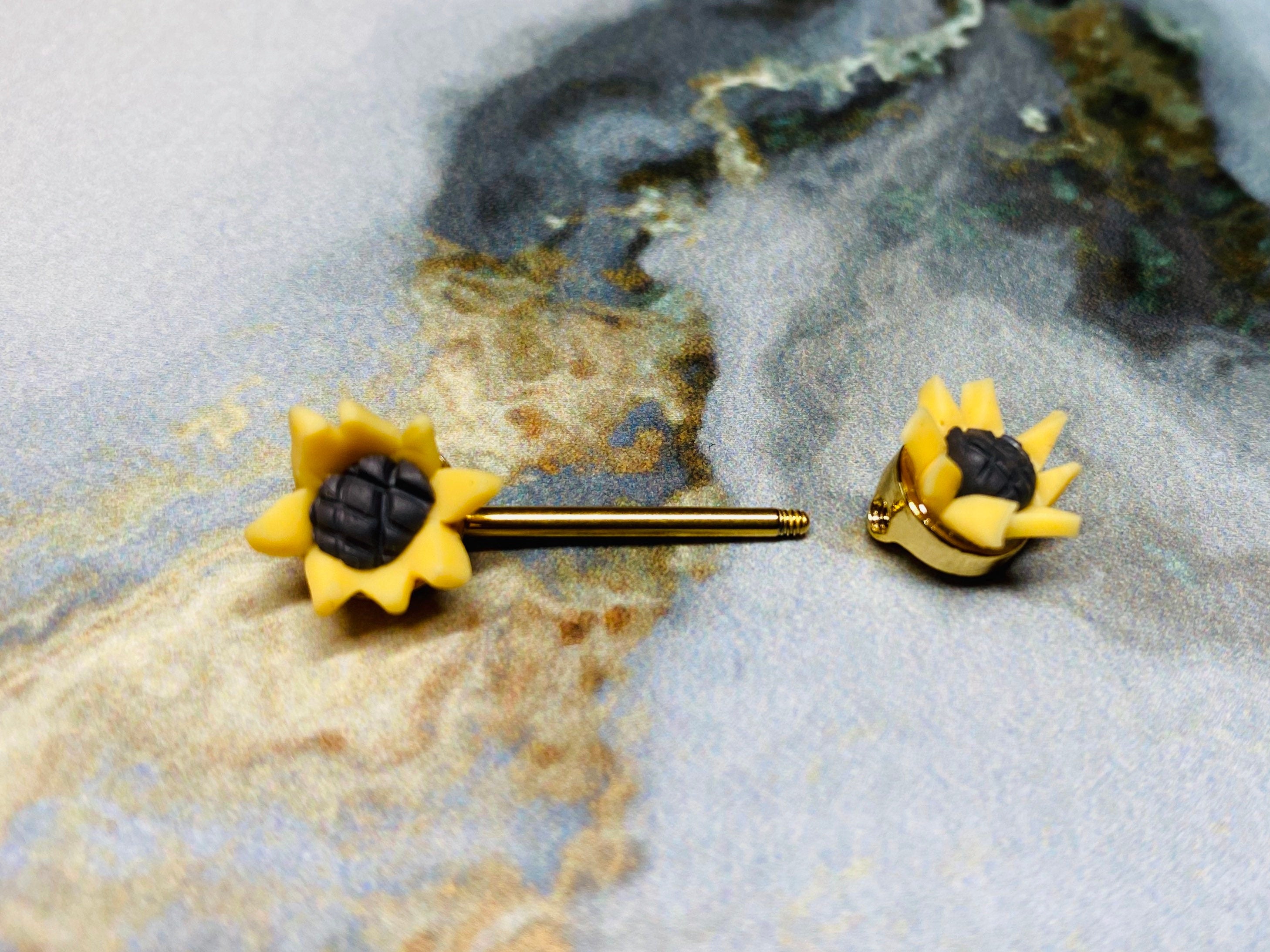 A set of Springtime Sunflowers Nipple Barbells. Nipple Piercings. Nipple Jewelry. Nipple bars.