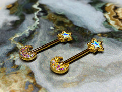 A set of Glistening Star and Moon with center stones Nipple Barbells. Nipple Piercings. Nipple Rings. Nipple Jewlery.