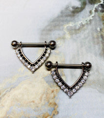 A set of Clear Stones Paved Chevron Shaped Nipple Barbells. Nipple Piercings. Nipple Jewlery. Nipple Rings.