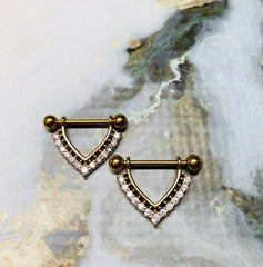 A set of Clear Stones Paved Chevron Shaped Nipple Barbells. Nipple Piercings. Nipple Jewlery. Nipple Rings.