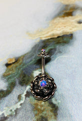 Antique silver plated with opal centered Belly Button Ring. Belly Rings. Belly Piercings. Navel Ring.