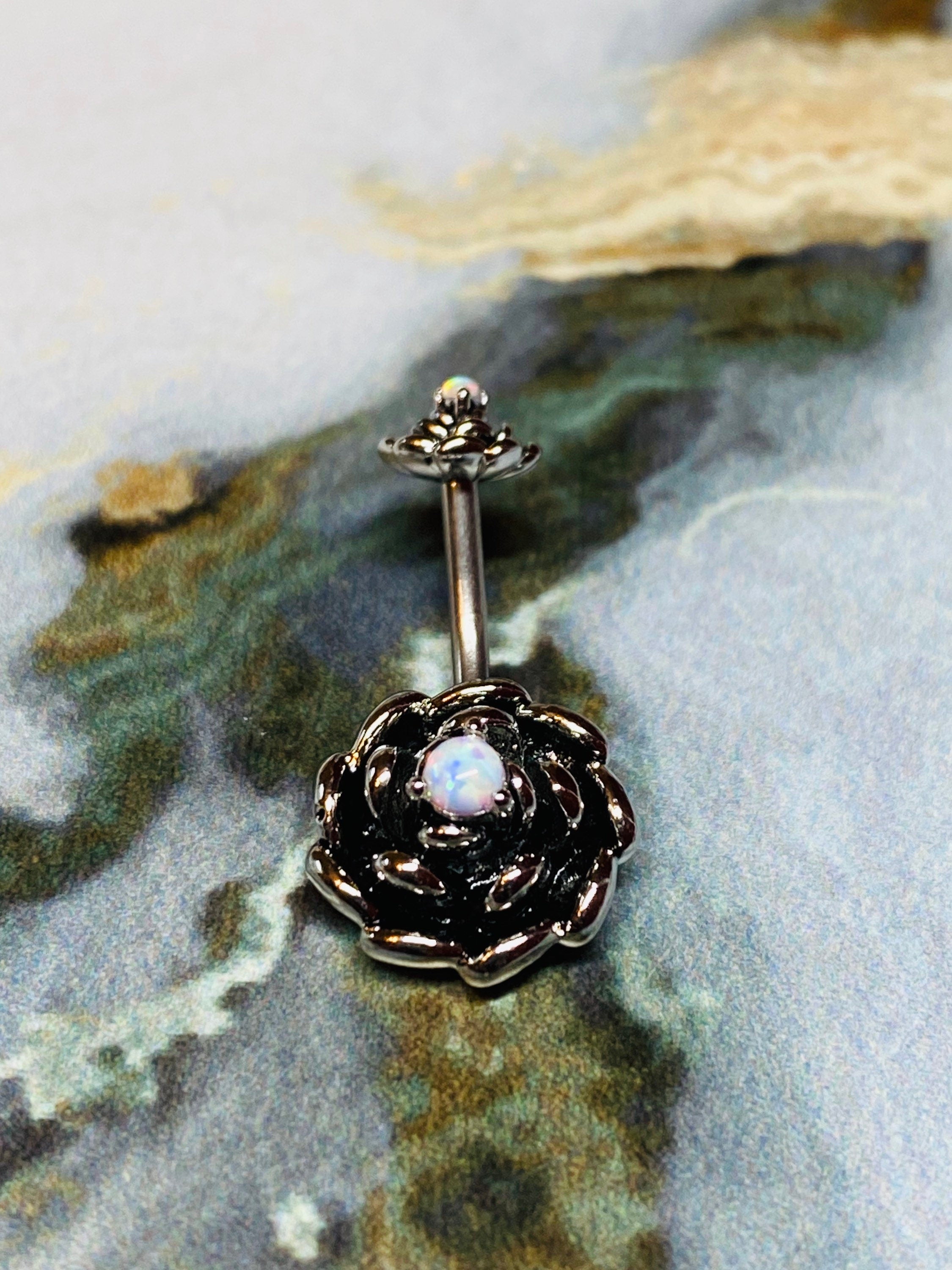 Antique silver plated with opal centered Belly Button Ring. Belly Rings. Belly Piercings. Navel Ring.