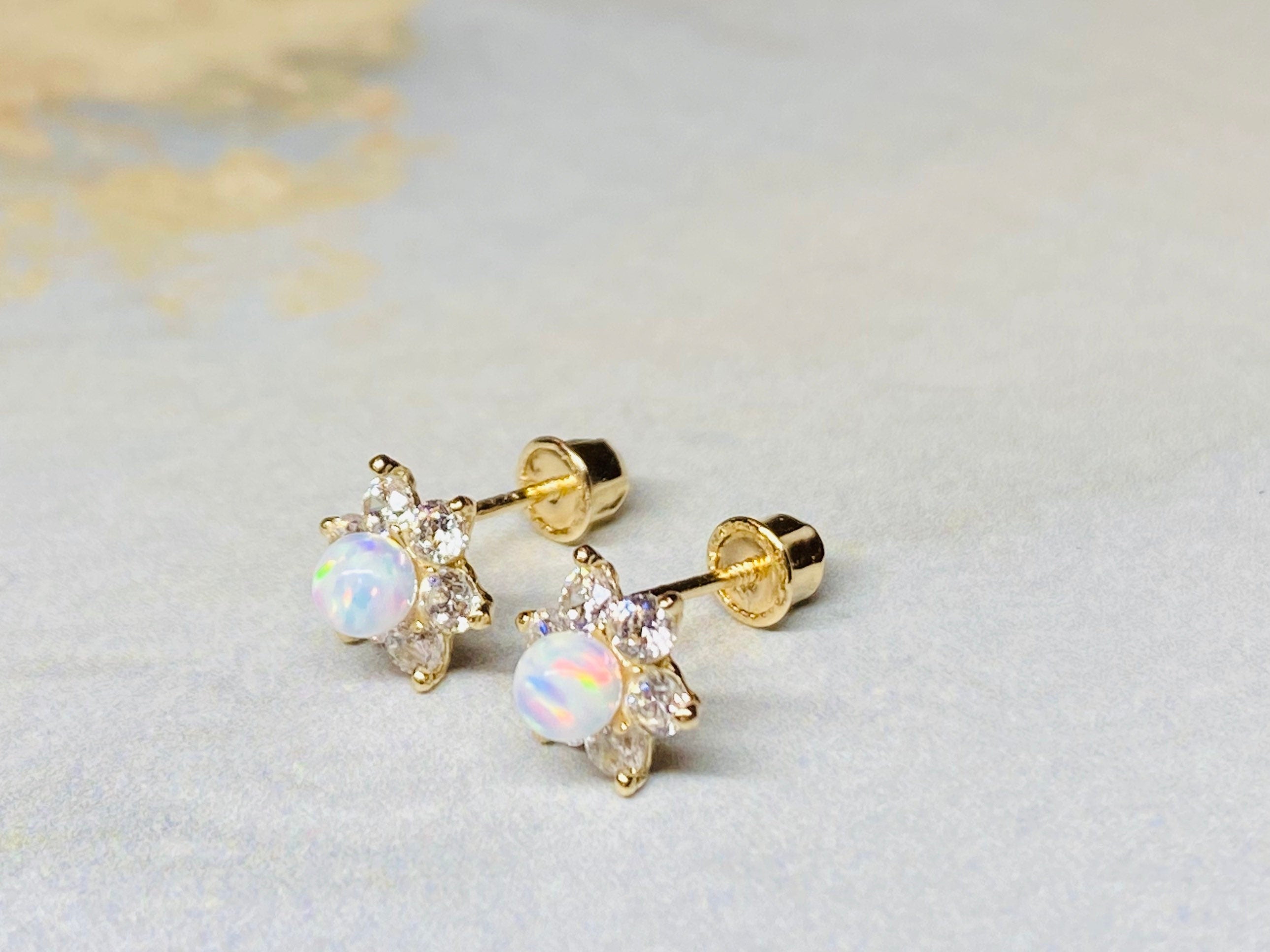 14K Real Gold Opal Centered Clear Stone Flower Screw Back Earrings. 14K Gold. 14K Gold Earrings.