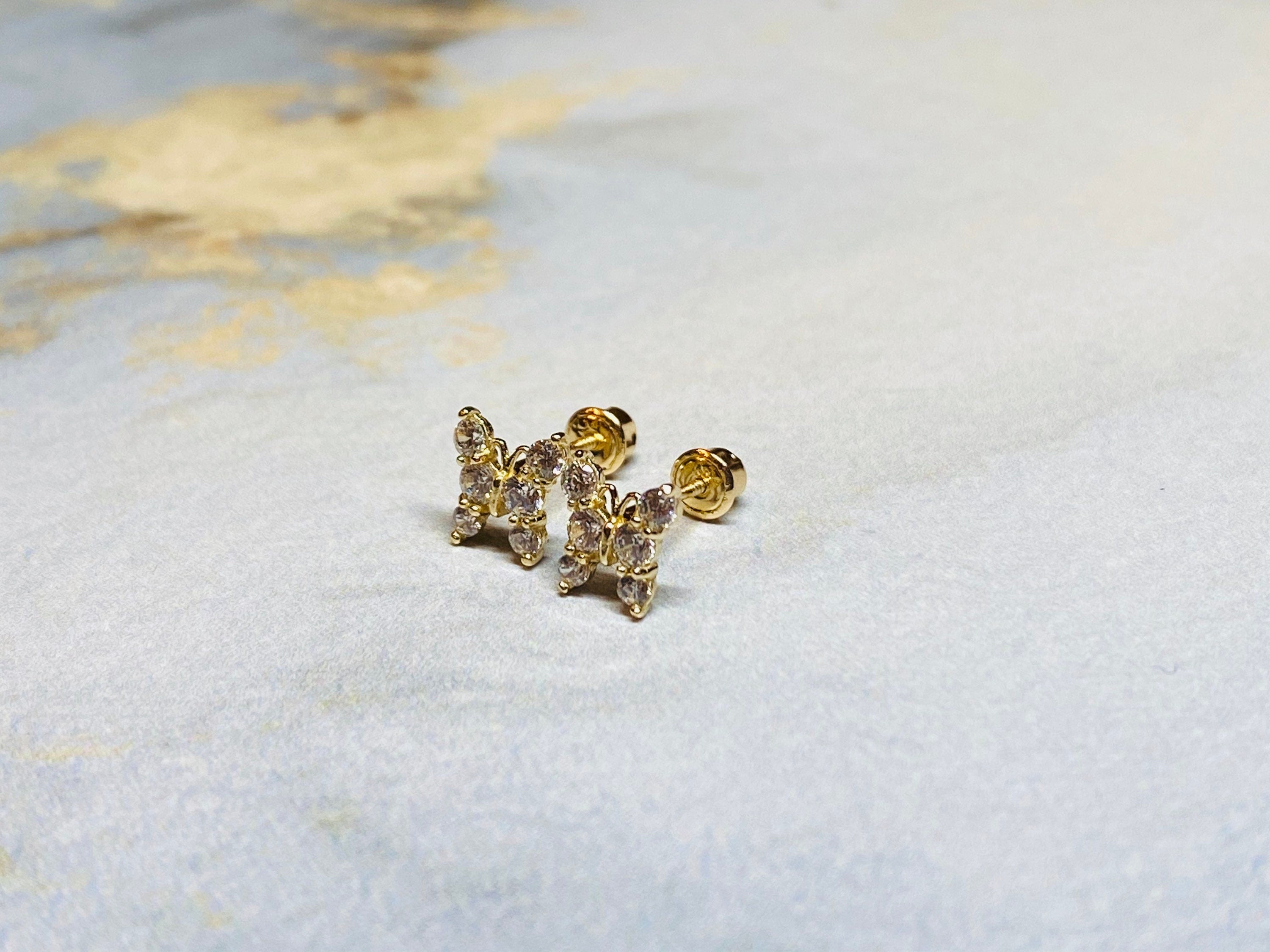 14K Real Gold Butterfly with Clear Stones Screw Back Earrings