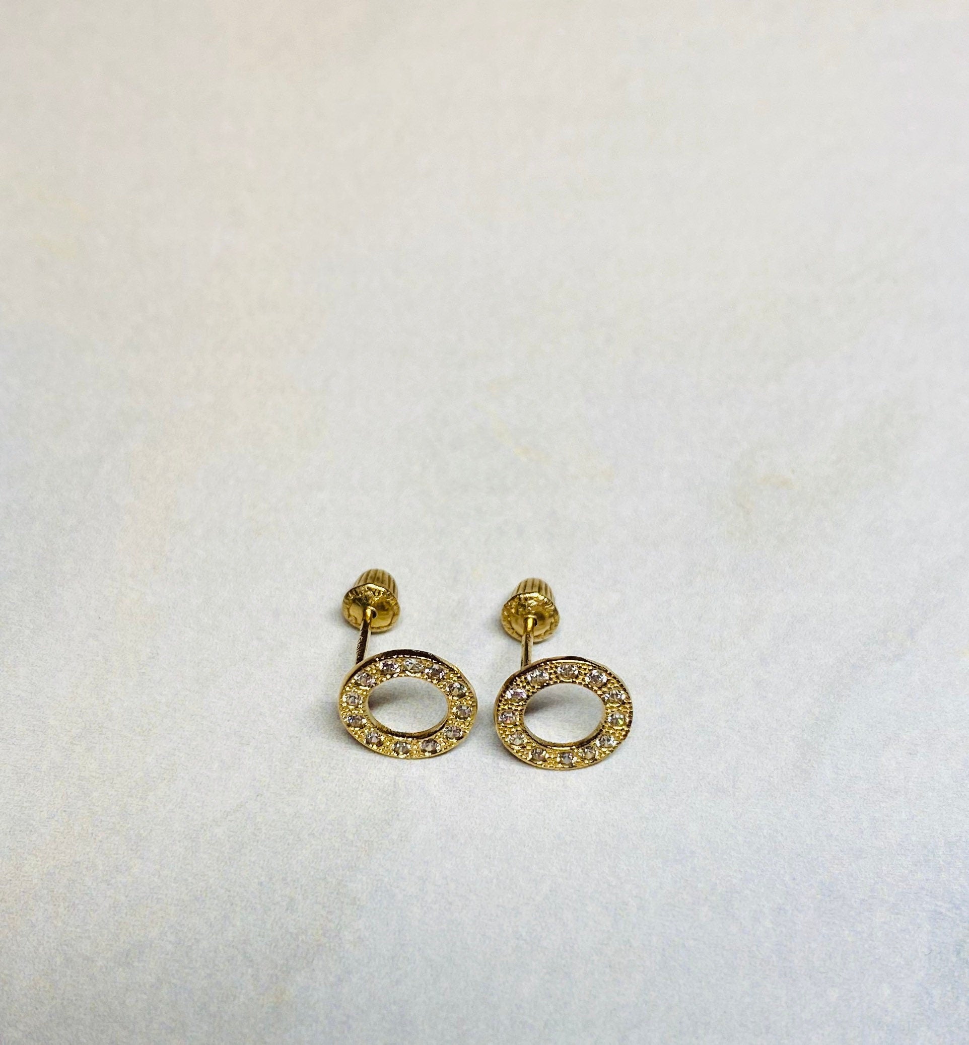 14K Real Gold Dainty Circle with Clear Stones Screw Back Earrings. 14K Gold. 14K Gold Earrings.