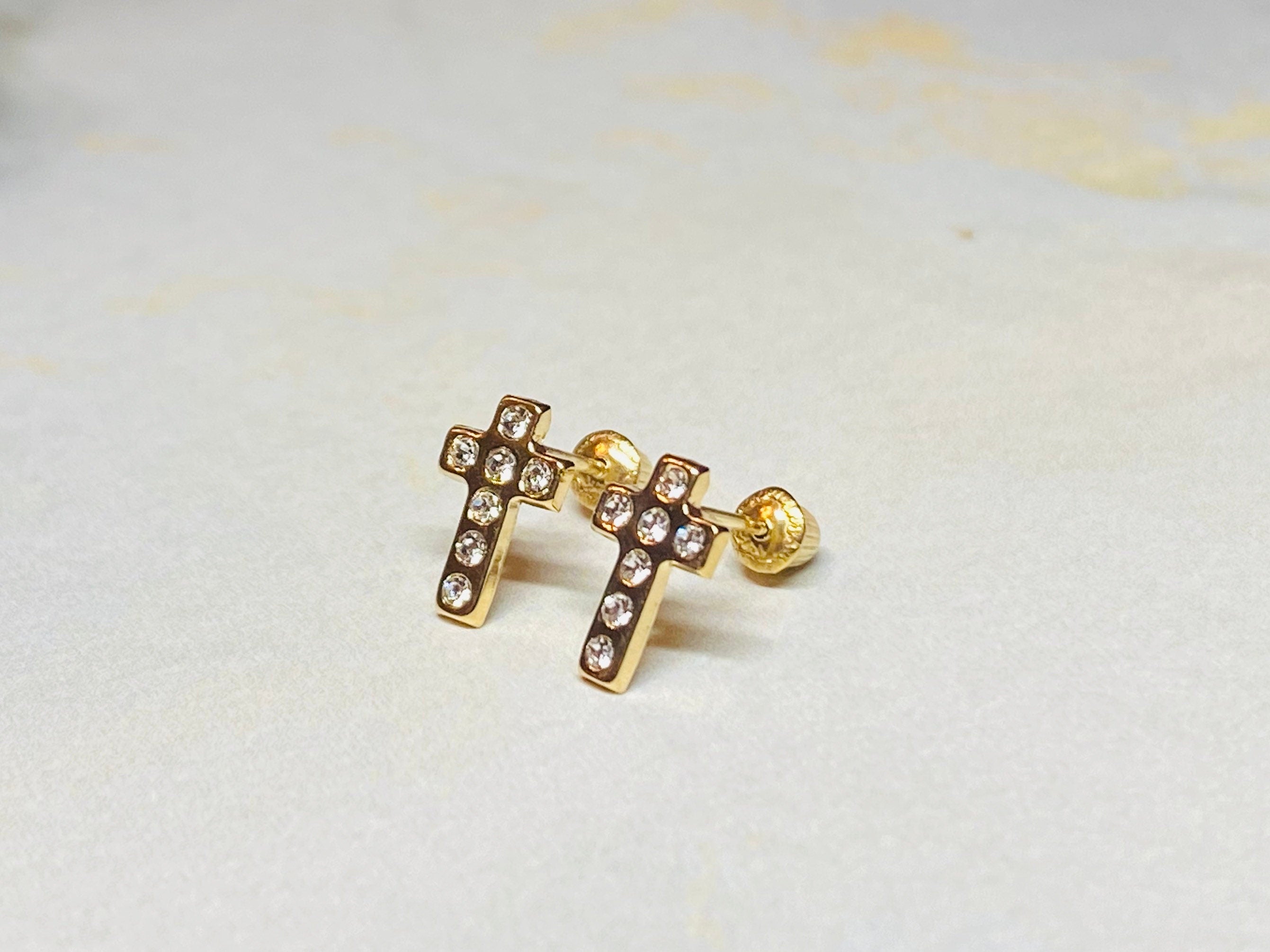 14K Real Gold Dainty Cross Earrings. 14K Gold. 14K Gold Earrings.