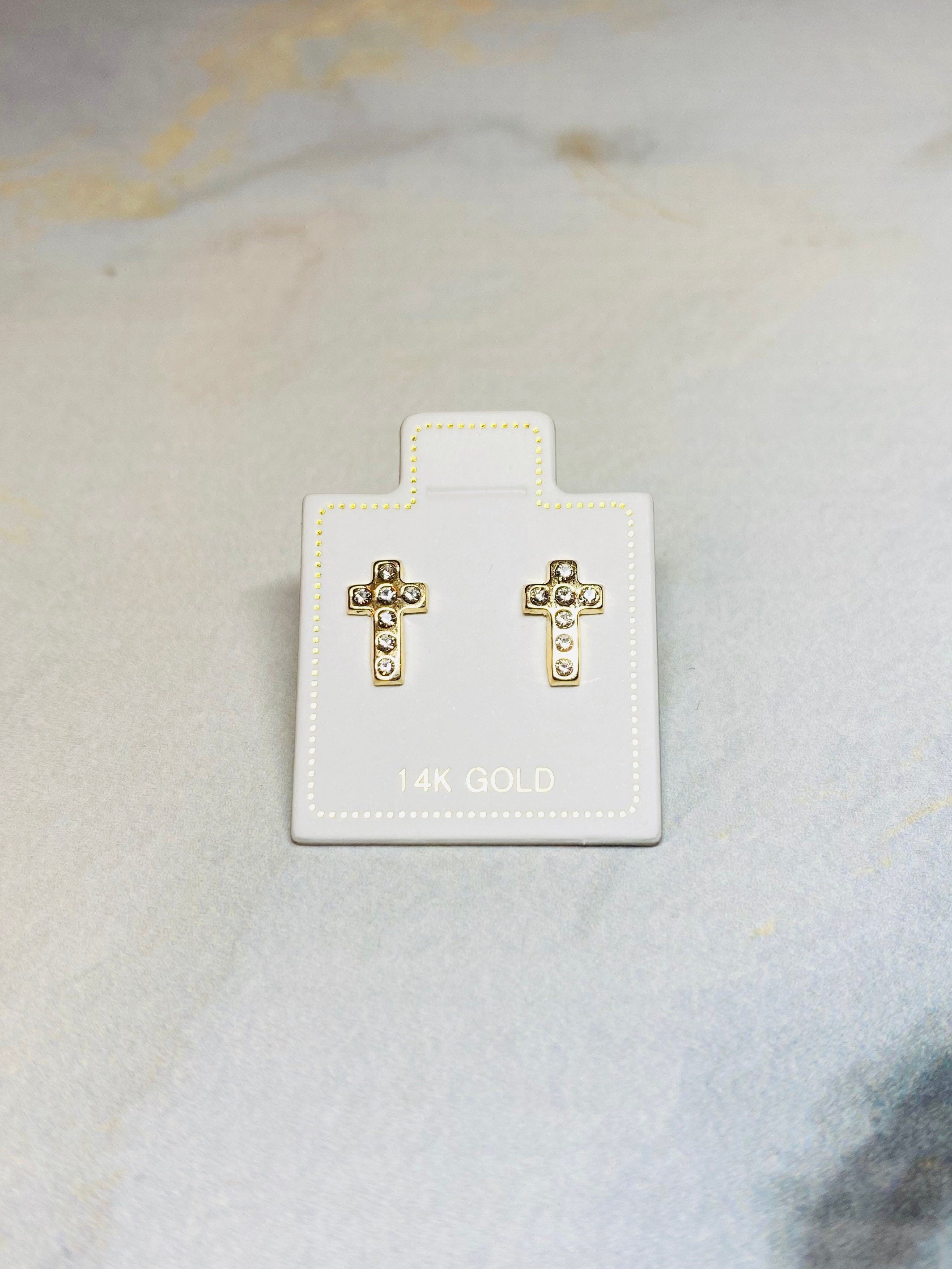 14K Real Gold Dainty Cross Earrings. 14K Gold. 14K Gold Earrings.