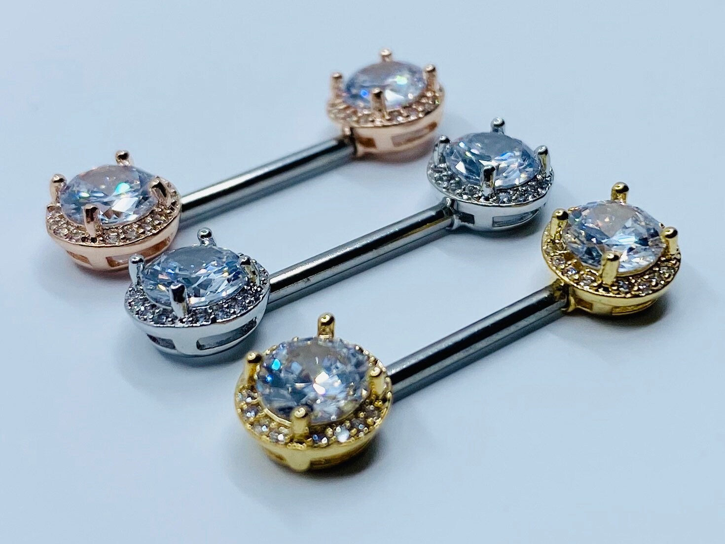 14G Round Crystal Centered Nipple Barbells. Nipple Piercings. Nipple Rings. Nipple Jewelry.