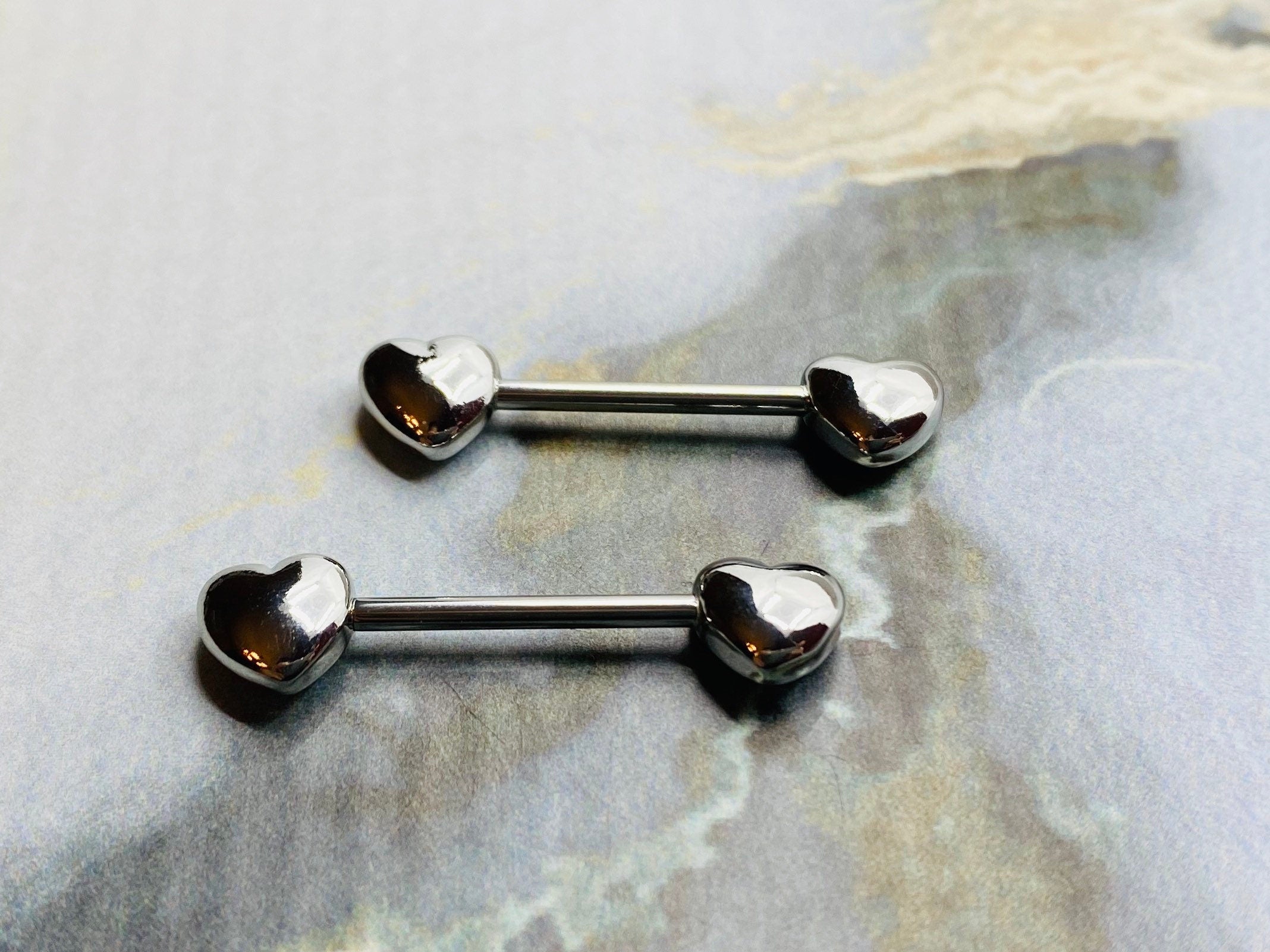 Pair of 14G Silver Heart Nipple Barbells. Nipple Piercings. Nipple Rings. Nipple Jewelry.