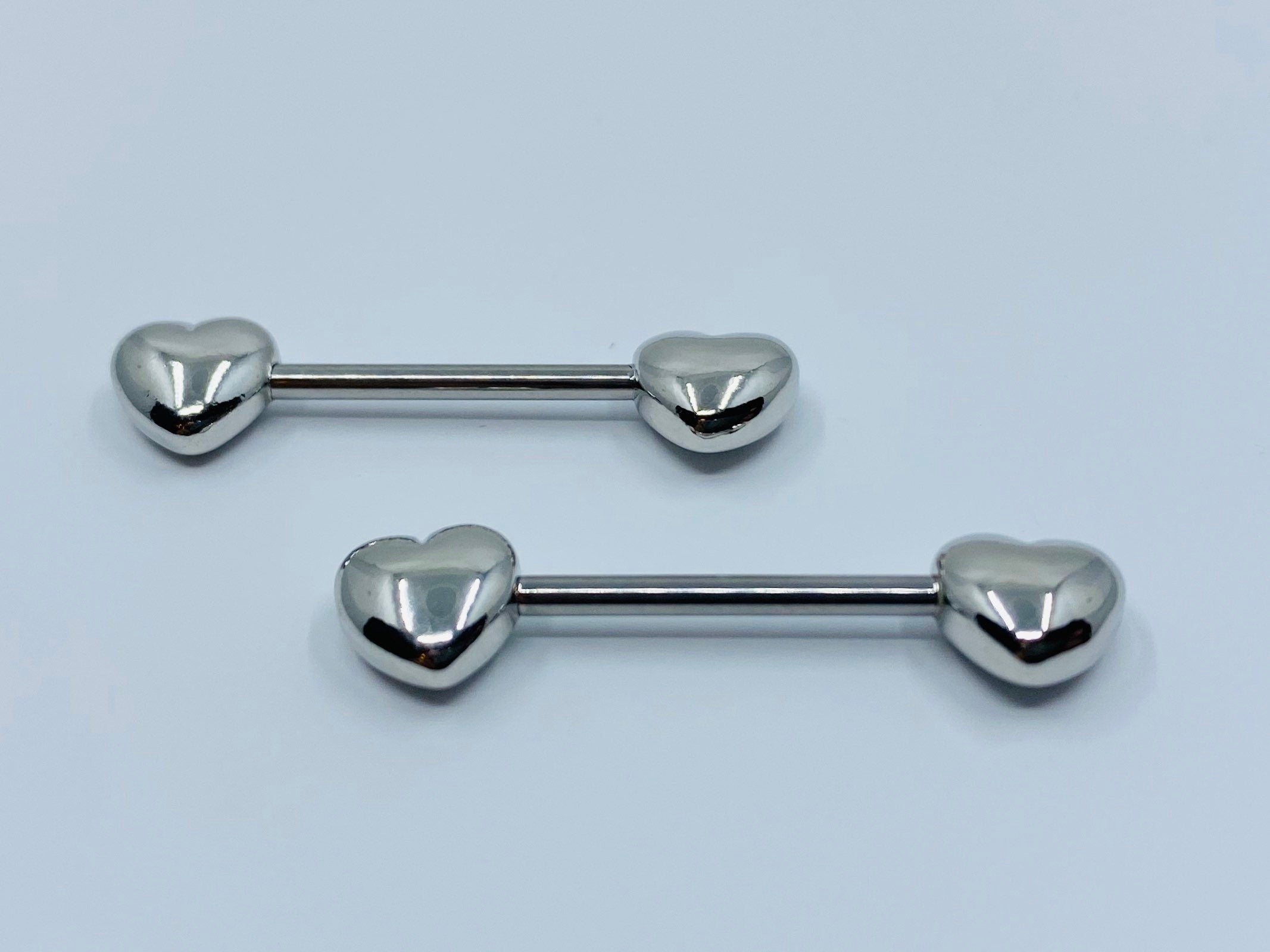 Pair of 14G Silver Heart Nipple Barbells. Nipple Piercings. Nipple Rings. Nipple Jewelry.