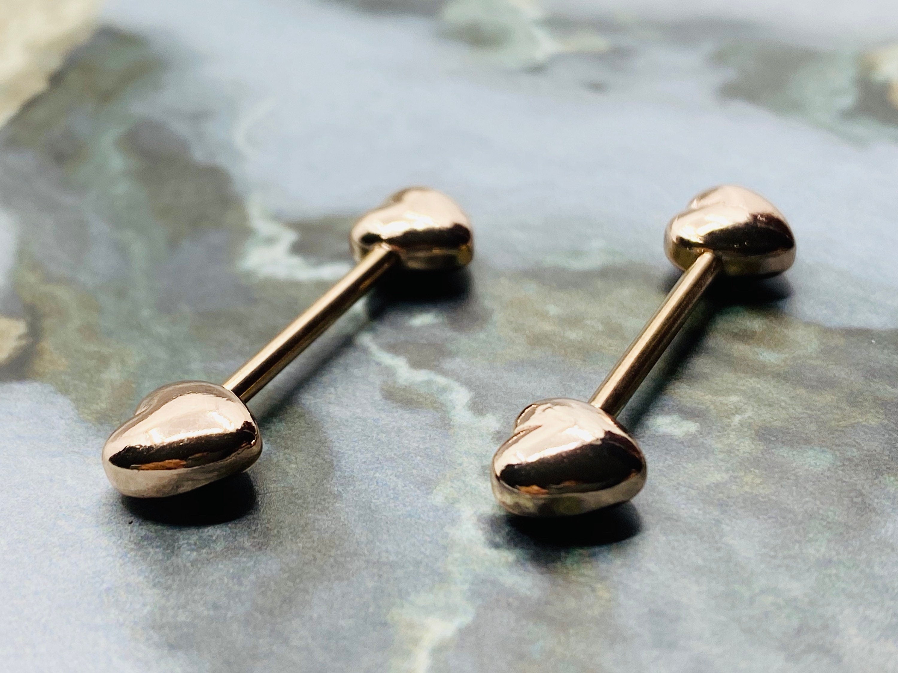 14G Rose Gold Classic Heart Shape Nipple Barbells. Nipple Piercings. Nipple Jewelry. Nipple Rings.