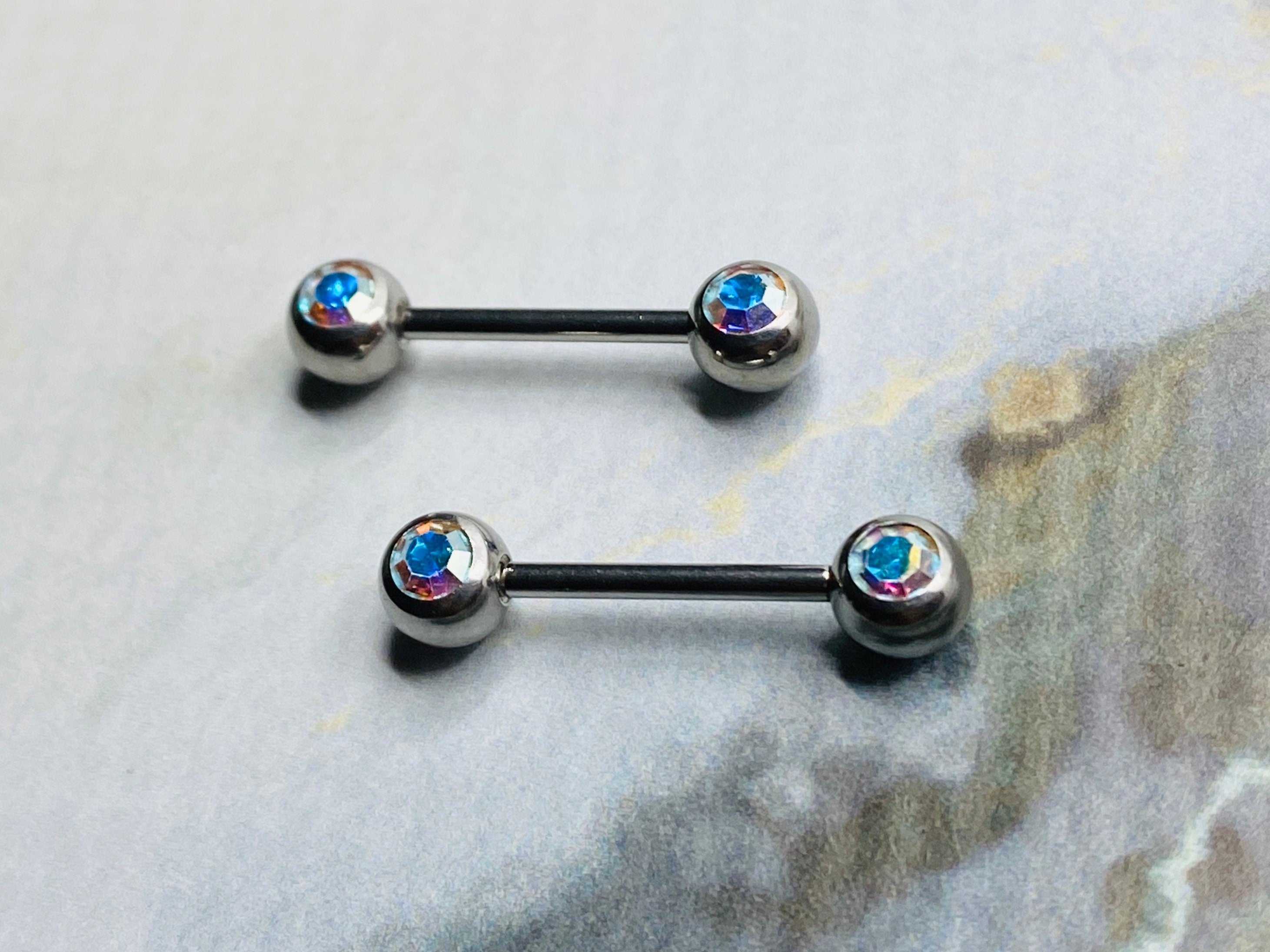 14G Front Facing Crystals Nipple Barbells. Nipple Rings. Nipple Piercings. Nipple Jewelry.