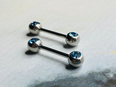 14G Front Facing Blue Crystals Nipple Barbells. Nipple Piercings. Nipple Rings. Nipple Jewelry.