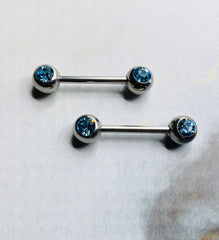 14G Front Facing Blue Crystals Nipple Barbells. Nipple Piercings. Nipple Rings. Nipple Jewelry.