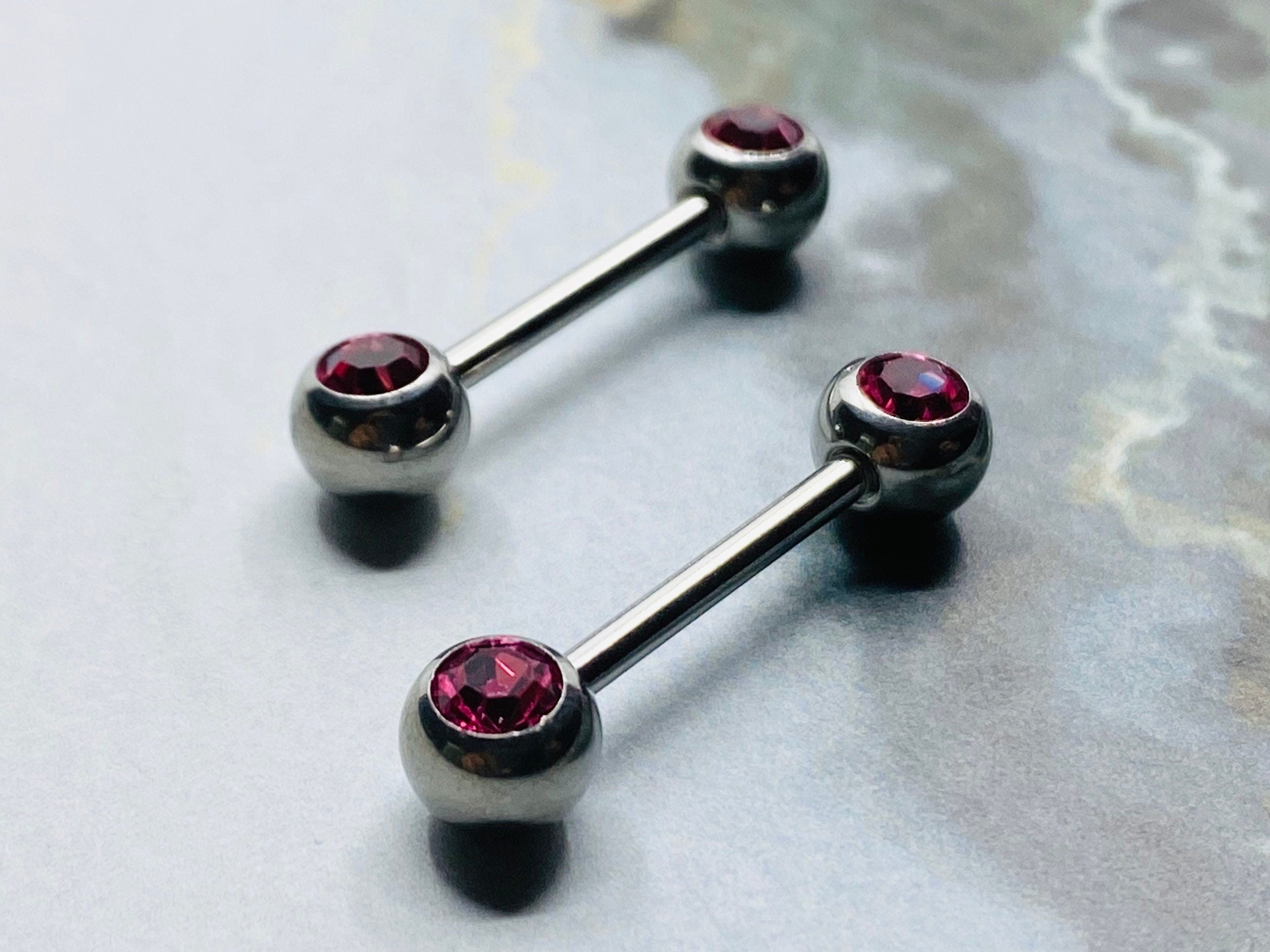 14G Classic Front Facing Gems Nipple Barbells. Nipple Piercings. Nipple Rings. Nipple Jewelry.