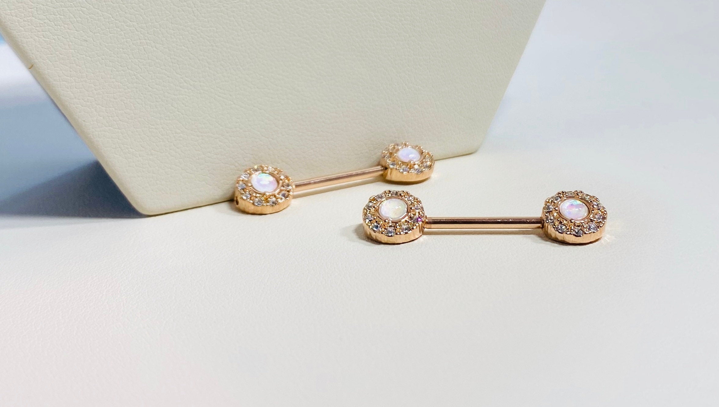 14G Rose Gold Opal Elegance Nipple Barbells. Nipple Piercings. Nipple Jewelry. Nipple Rings.