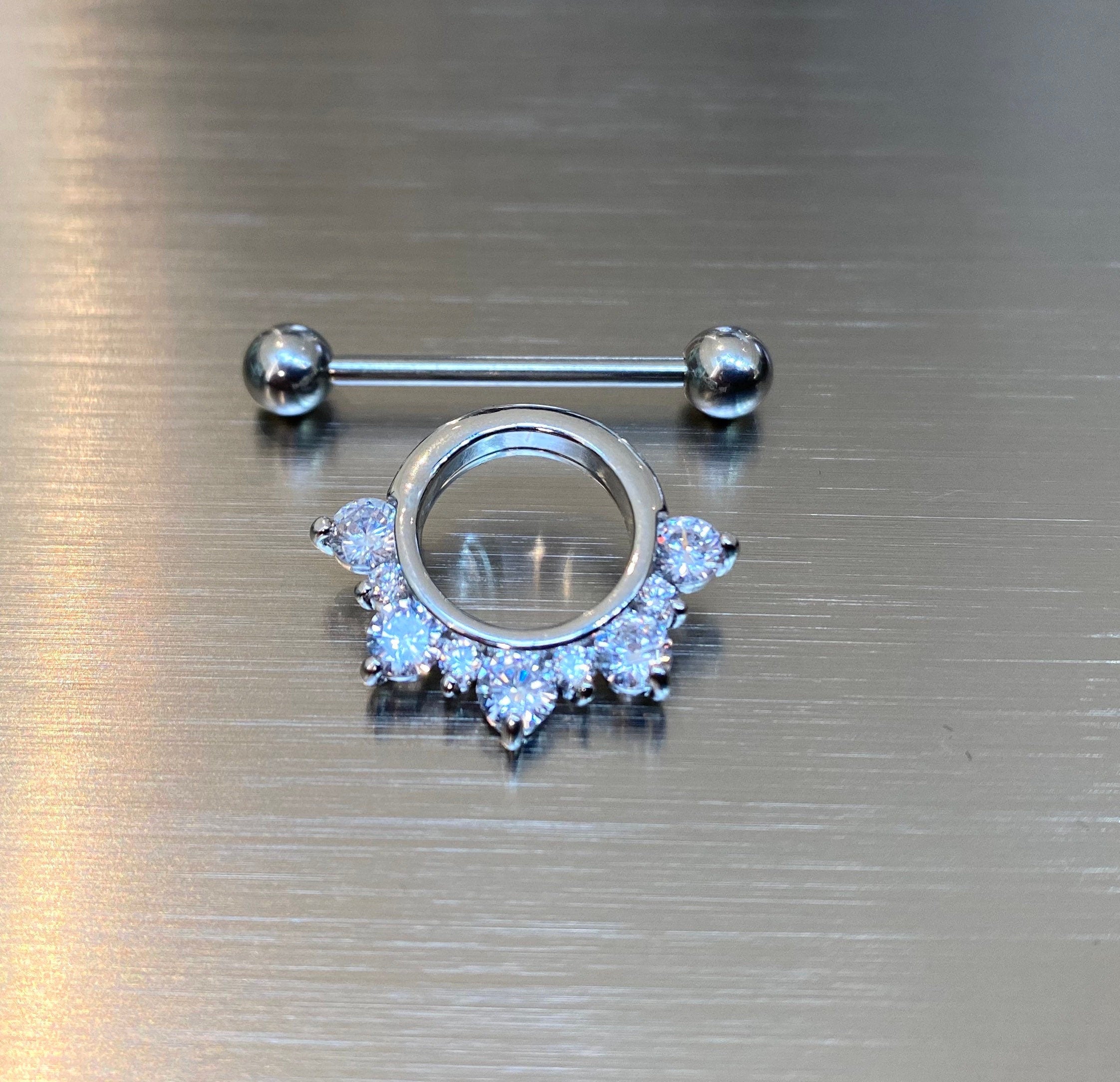 14G Half Circled Clear Stones Nipple Shield. Nipple Piercings. Nipple Rings. Nipple Jewelry.