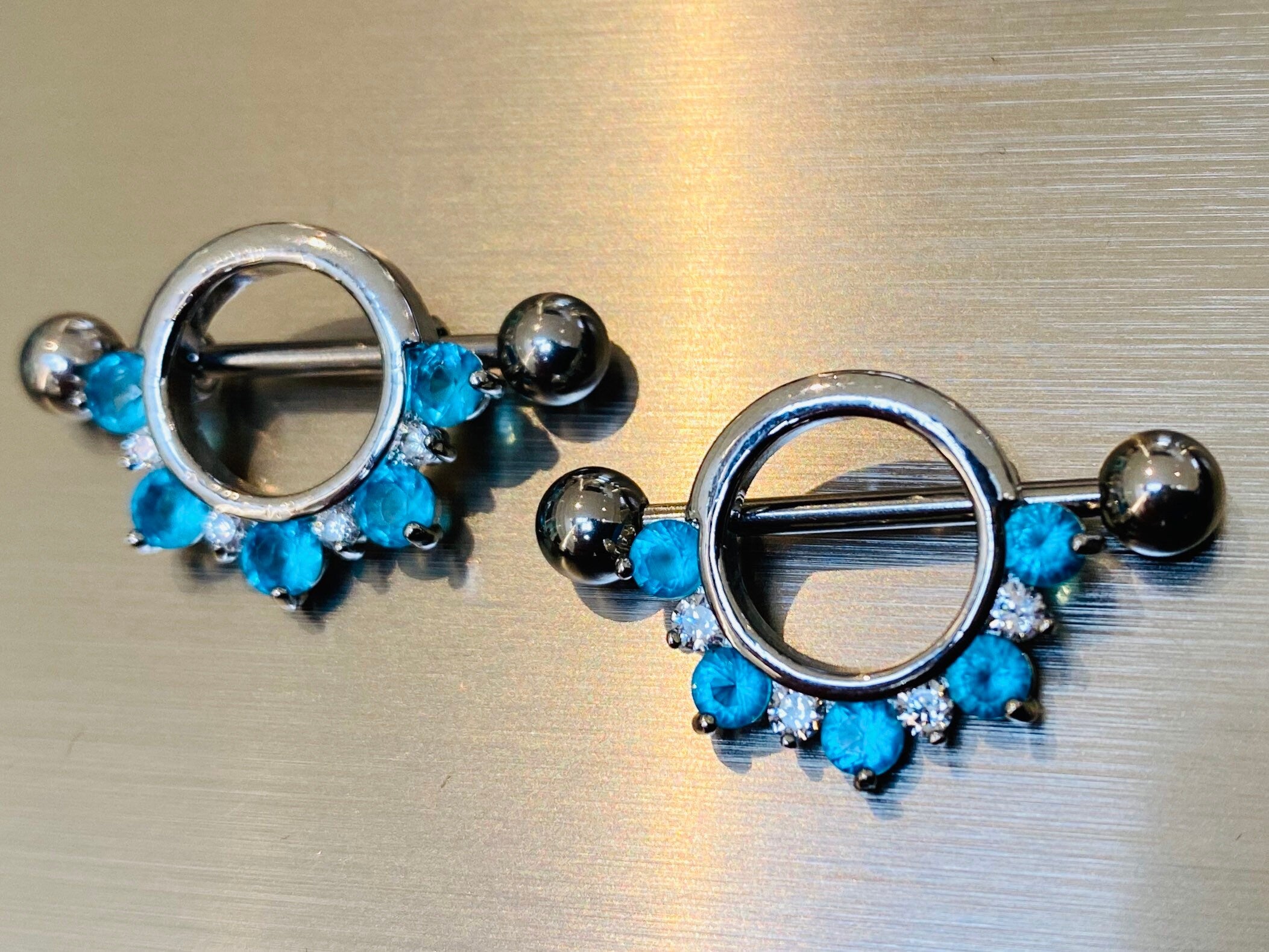 14G Half Circled Aqua & Clear Stones Nipple Shield. Nipple Piercings. Nipple Rings. Nipple Jewelry.