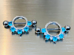 14G Half Circled Aqua & Clear Stones Nipple Shield. Nipple Piercings. Nipple Rings. Nipple Jewelry.