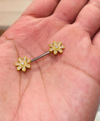 14G Dainty Gold Flower Nipple Barbell. Nipple Piercings. Nipple Rings. Nipple Jewelry