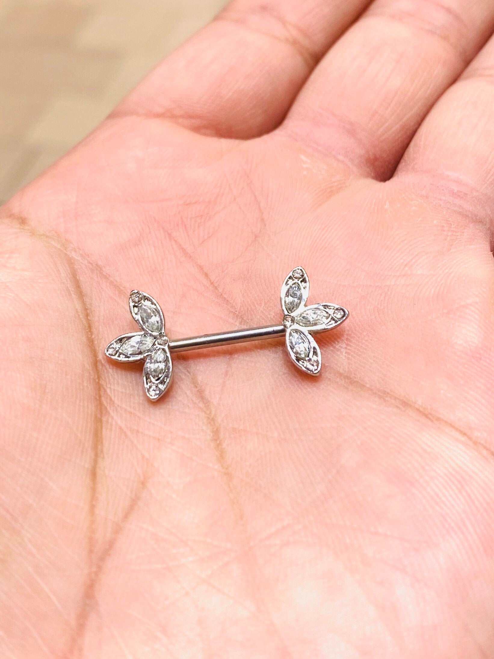 14G Clear Stone Three Petals Flower Nipple Barbell. Nipple Piercings. Nipple Rings. Nipple Jewelry.