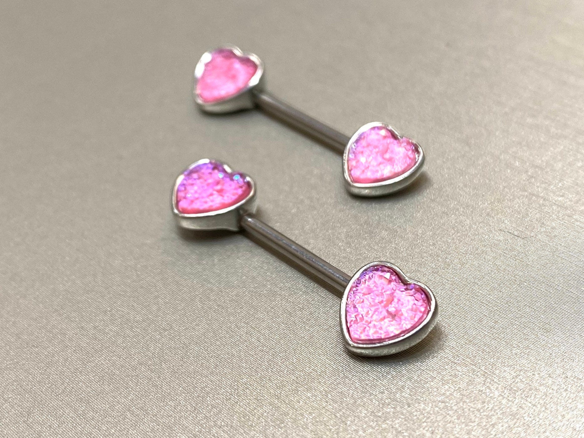 14G Silver Pink Druzy Stones Heart Shape Nipple Barbell. Nipple Piercings. Nipple Rings. Nipple Jewelry.