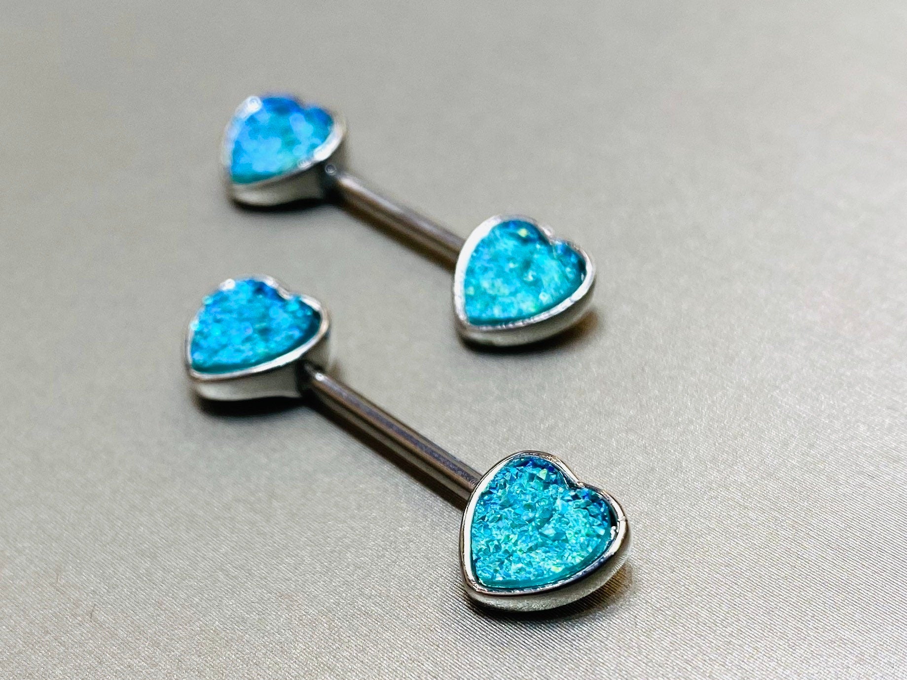 14G Aqua Druzy Stones Heart Shape Nipple Barbell. Nipple Piercings. Nipple Rings. Nipple Jewlery.