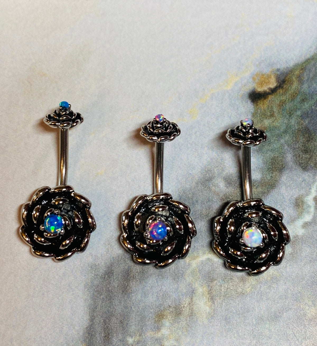 Antique silver plated with opal centered Belly Button Ring. Belly Rings. Belly Piercings. Navel Ring.