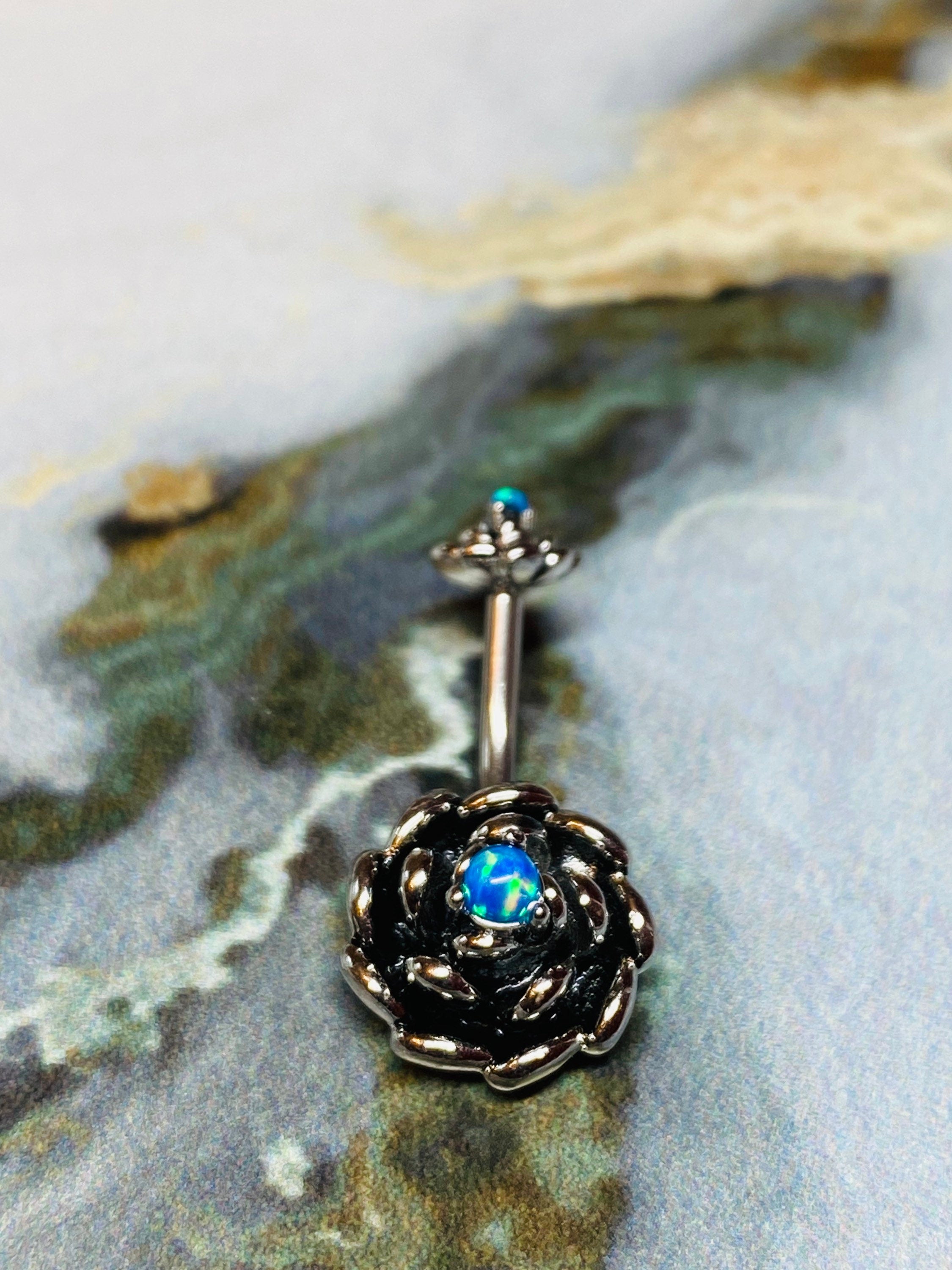 Antique silver plated with opal centered Belly Button Ring. Belly Rings. Belly Piercings. Navel Ring.