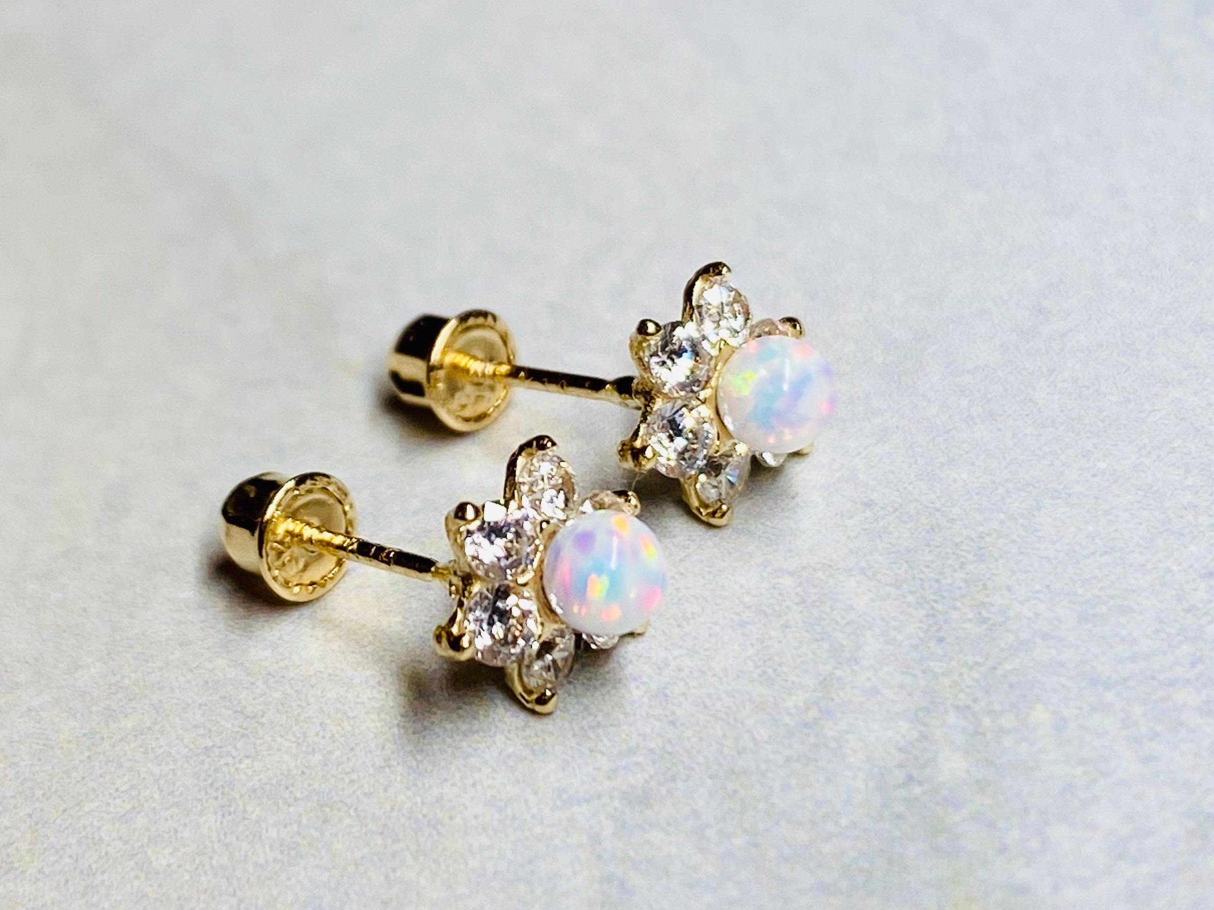 14K Real Gold Opal Centered Clear Stone Flower Screw Back Earrings. 14K Gold. 14K Gold Earrings.