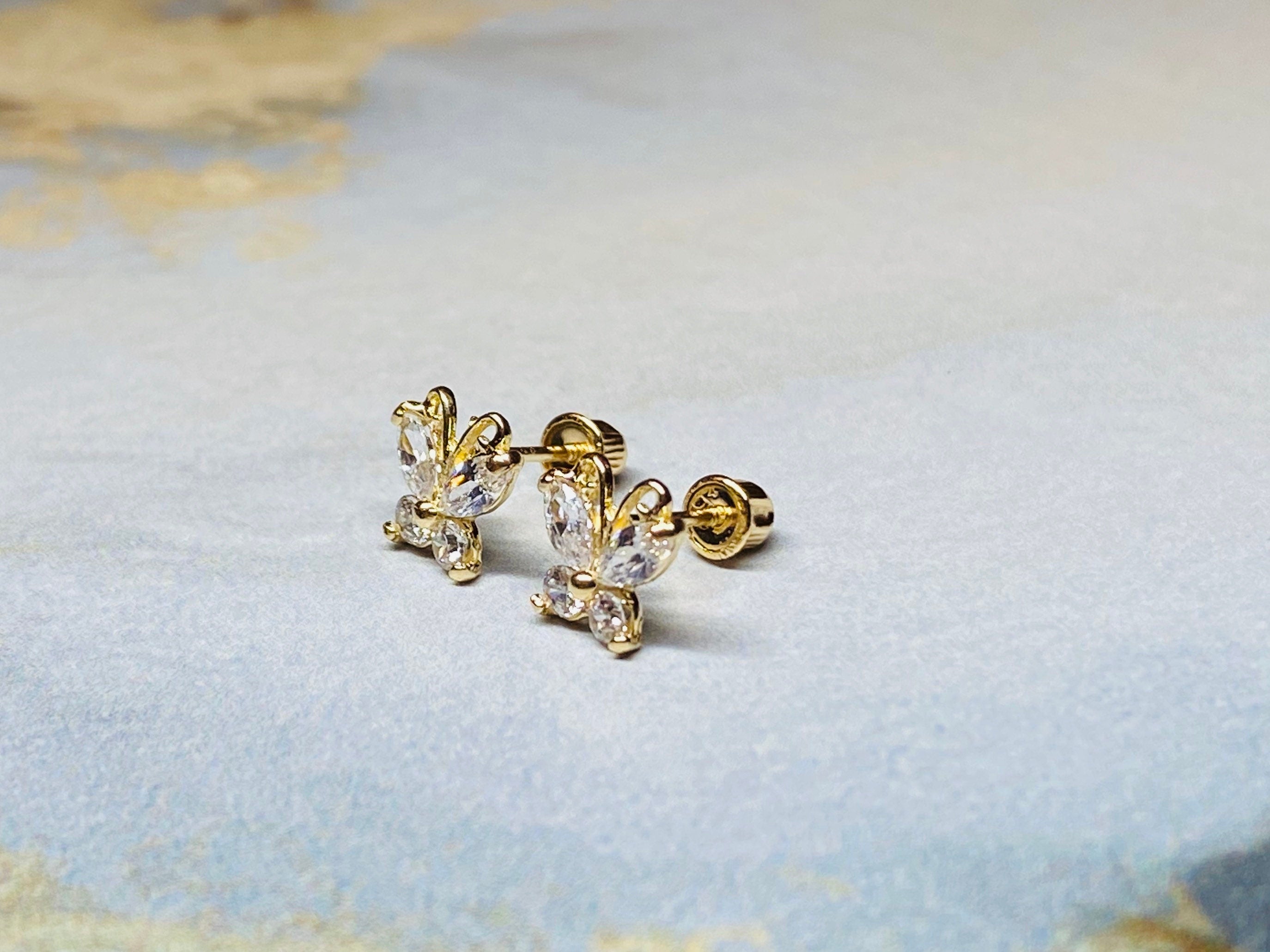 14K Real Gold Butterfly with Clear Stones Screw Back Earrings. 14K Gold. 14K Earrings. 14K Gold Jewelry.