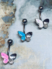 14G Butterfly White Pink Blue Opal Belly Button Ring. Belly Ring. Belly Piercings. Navel Ring