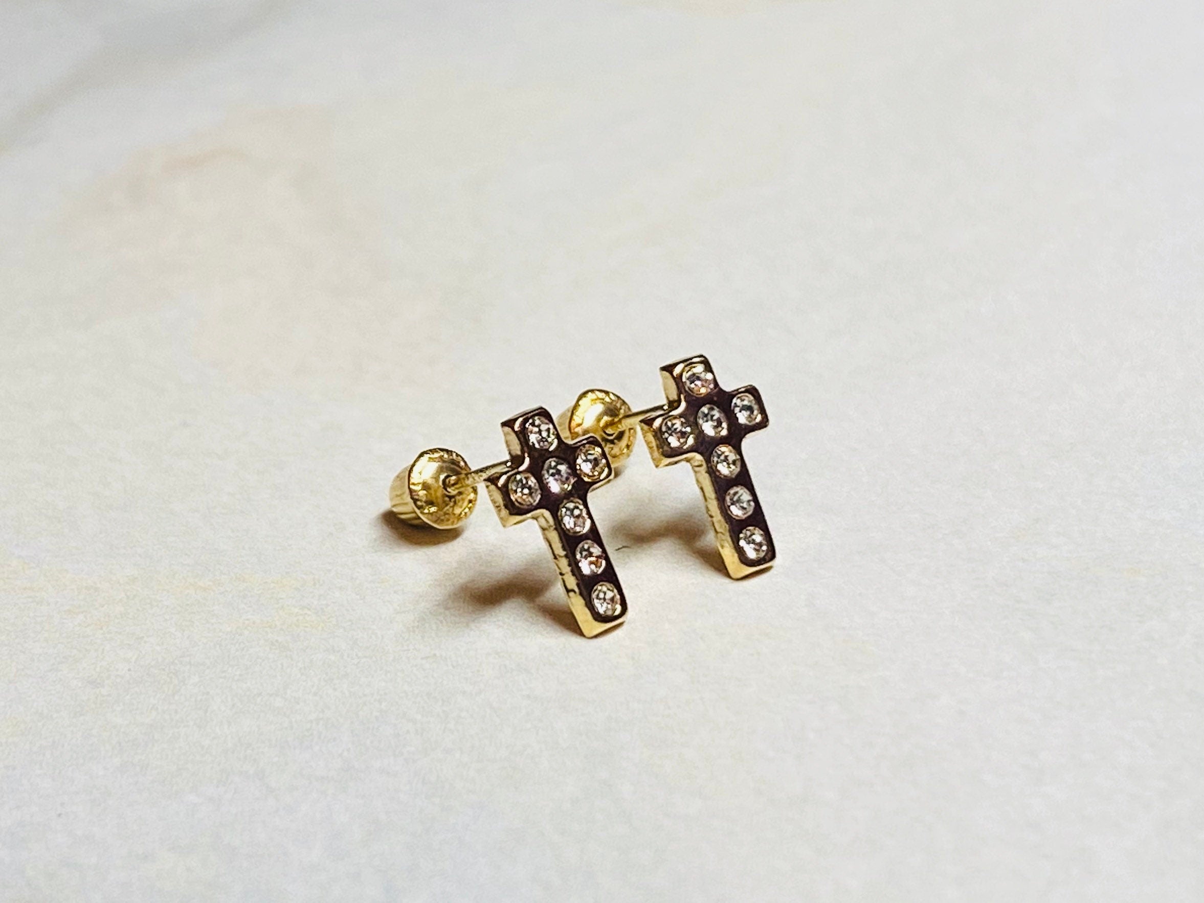 14K Real Gold Dainty Cross Earrings. 14K Gold. 14K Gold Earrings.