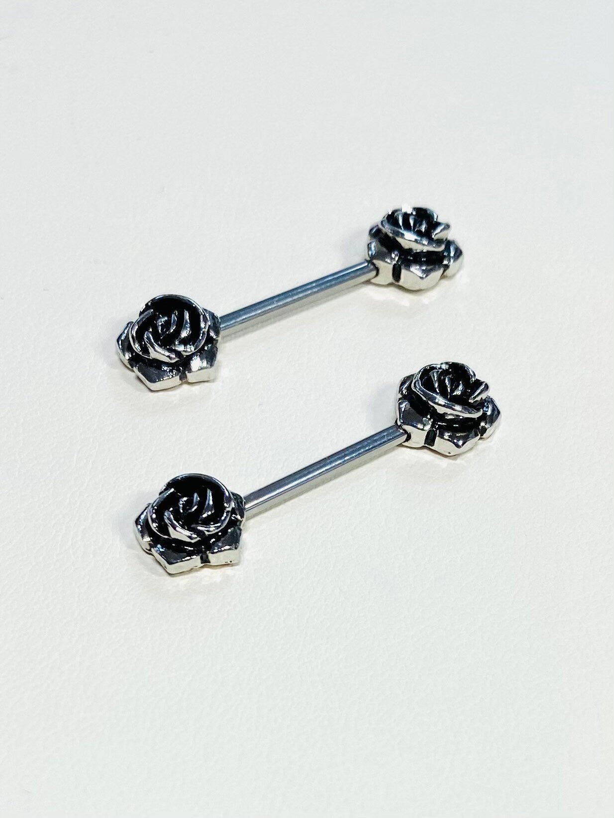 14G Classic Vintage Silver Rose Flower Nipple Barbell. Nipple Piercings. Nipple Rings. Nipple Jewelry