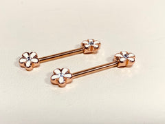 A set of Sparkling Rose Gold Plumeria Petal Flower Nipple Barbells. Nipple Piercings. Nipple Rings. Nipple Jewelry