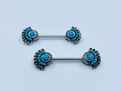 14G Turquoise Tribal Fan Nipple Barbells. Nipple Piercings. Nipple Rings. Nipple Jewelry.