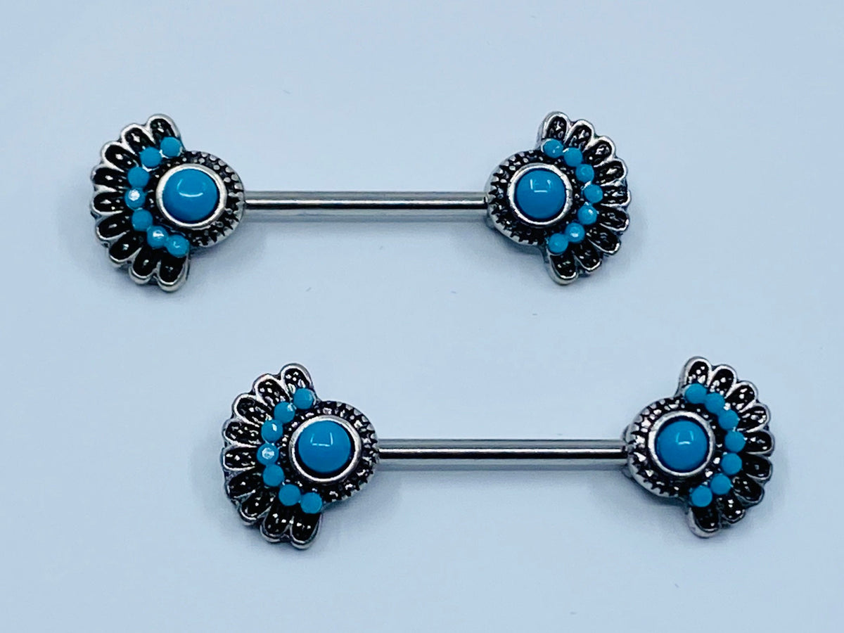 14G Turquoise Tribal Fan Nipple Barbells. Nipple Piercings. Nipple Rings. Nipple Jewelry.