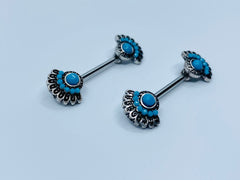 14G Turquoise Tribal Fan Nipple Barbells. Nipple Piercings. Nipple Rings. Nipple Jewelry.