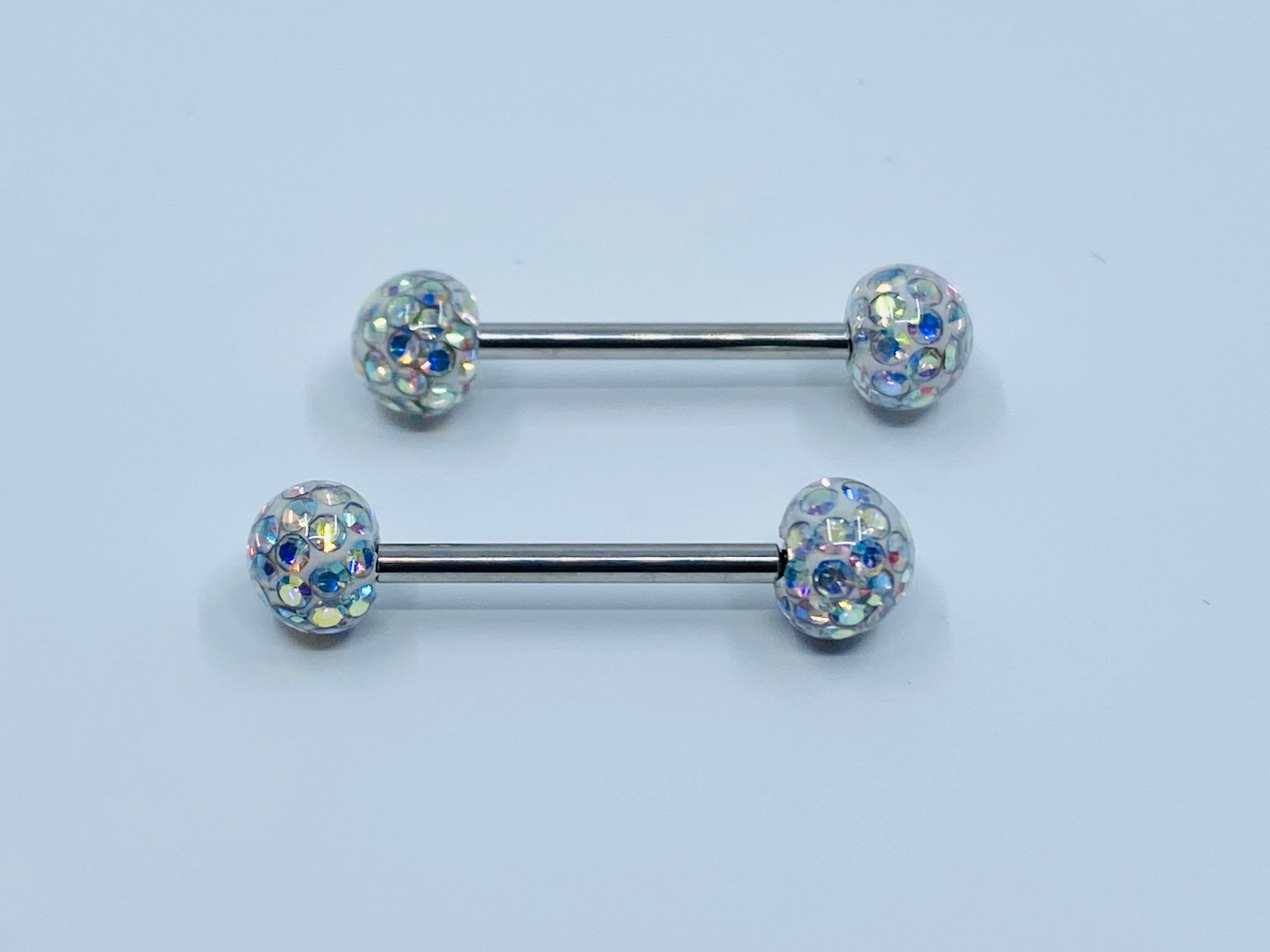 14G Internally Threaded Surgical Steel Epoxy Covered Crystals Nipple Barbells. Nipple Piercings. Nipple Rings. Nipple Jewelry.