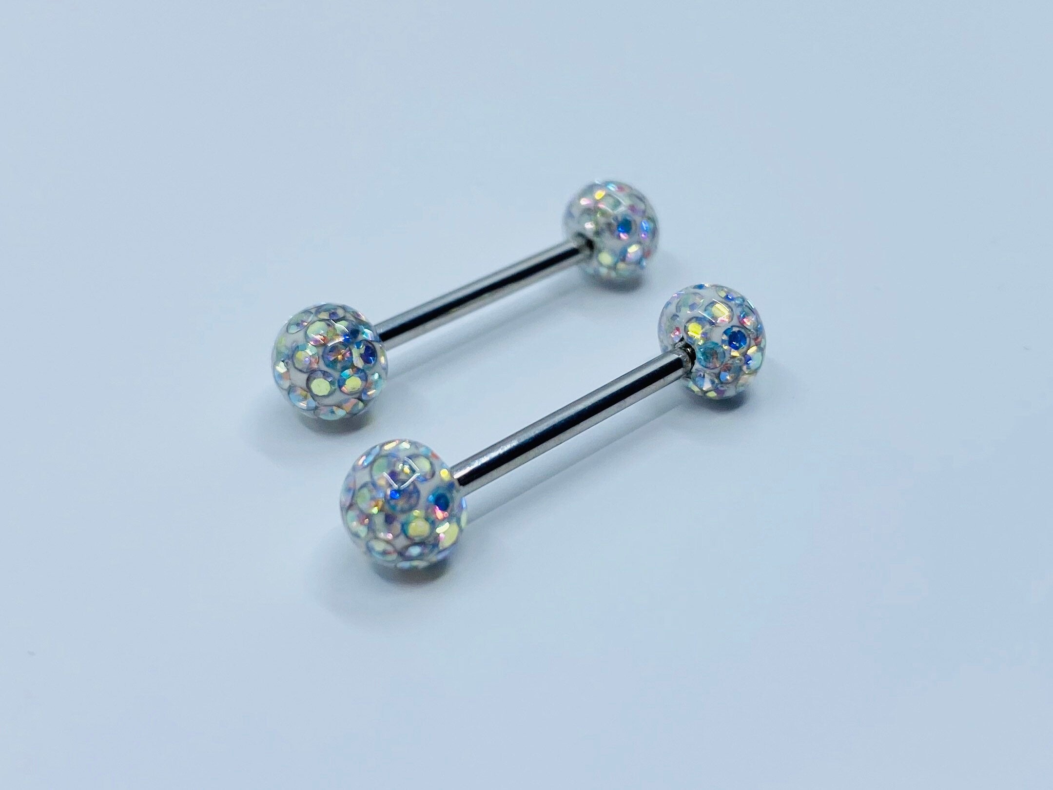 14G Internally Threaded Surgical Steel Epoxy Covered Crystals Nipple Barbells. Nipple Piercings. Nipple Rings. Nipple Jewelry.