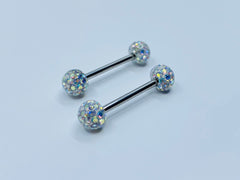 14G Internally Threaded Surgical Steel Epoxy Covered Crystals Nipple Barbells. Nipple Piercings. Nipple Rings. Nipple Jewelry.